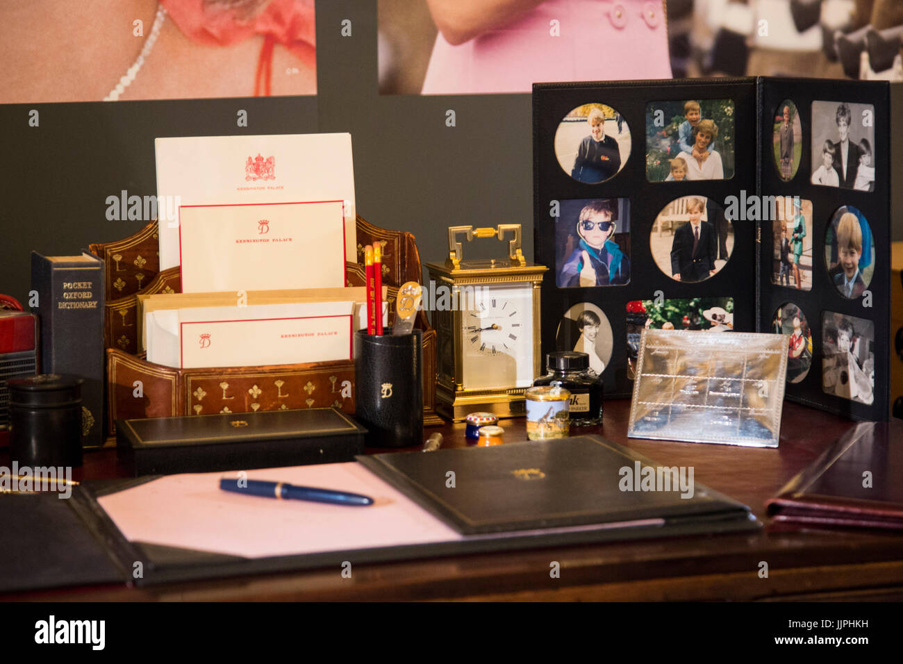 *** EMBARGOED to 00:01 BST, FRIDAY, 21 JULY 2017 *** Pictured: To mark the 20th anniversary of the death of Diana, Princess of Wales, a desk is displayed at which The Princess worked inn her sitting room at Kensington Palace. Many of the objects have been selected by the Duke of Cambridge and Prince Harry. This summer, visitors to the State Rooms at Buckingham Palace will enjoy a special display of more than 200 gifts presented to Her Majesty The Queen throughout her 65-year reign and a special tribute to Diana, Princess of Wales. The State Rooms are open to the public from 22 July to 1 Octob Stock Photo