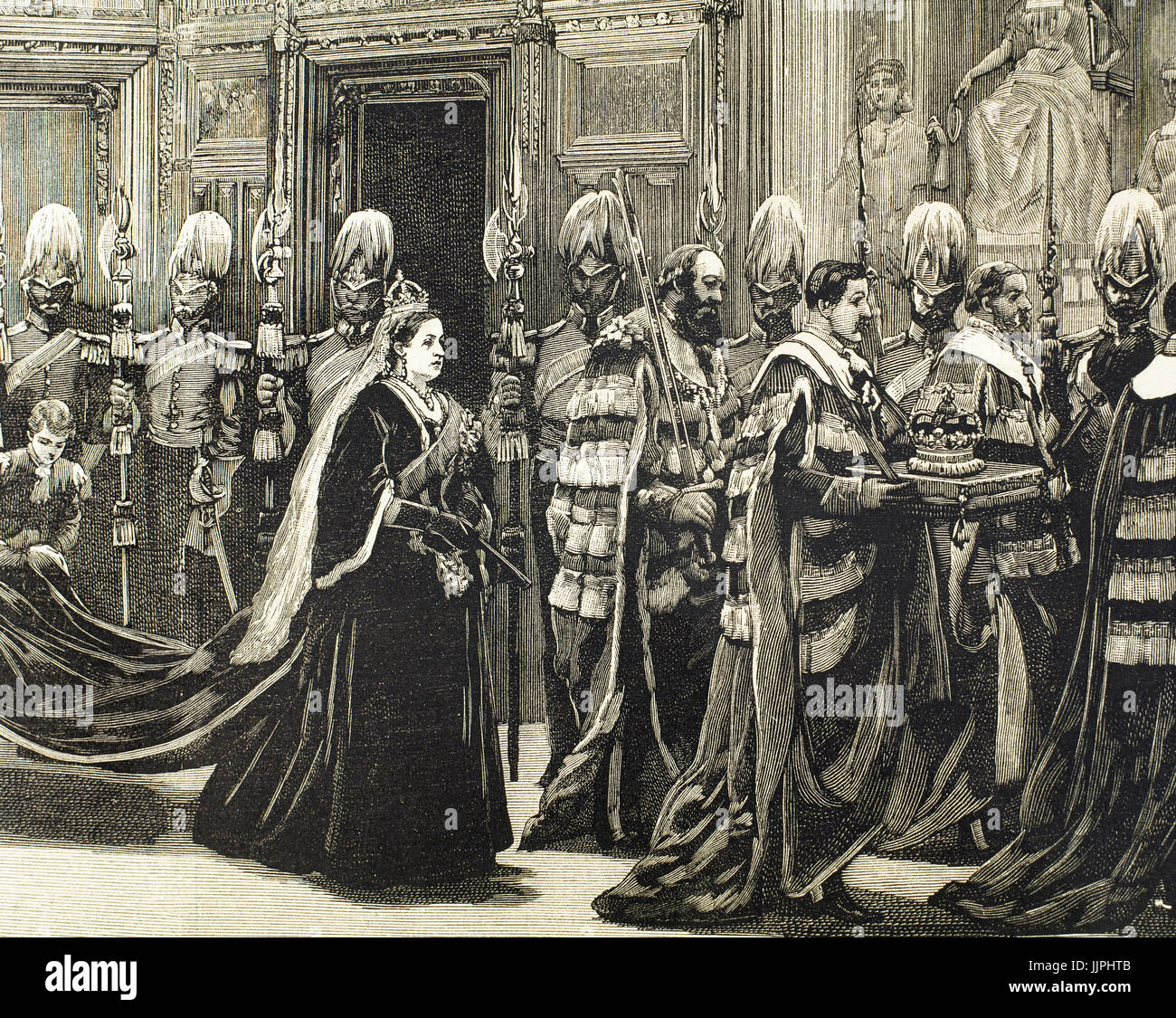 Victoria I (1819-1901). Queen of the United Kingdom of Great Britain and Ireland (1837-1901) and Empress of India (1876-1901). Palace of Westminster. The royal party passes through the Prince's Hall to enter in the House of Lords. Engraving, 1886. 'La Ilustración  Española y Americana'. Stock Photo