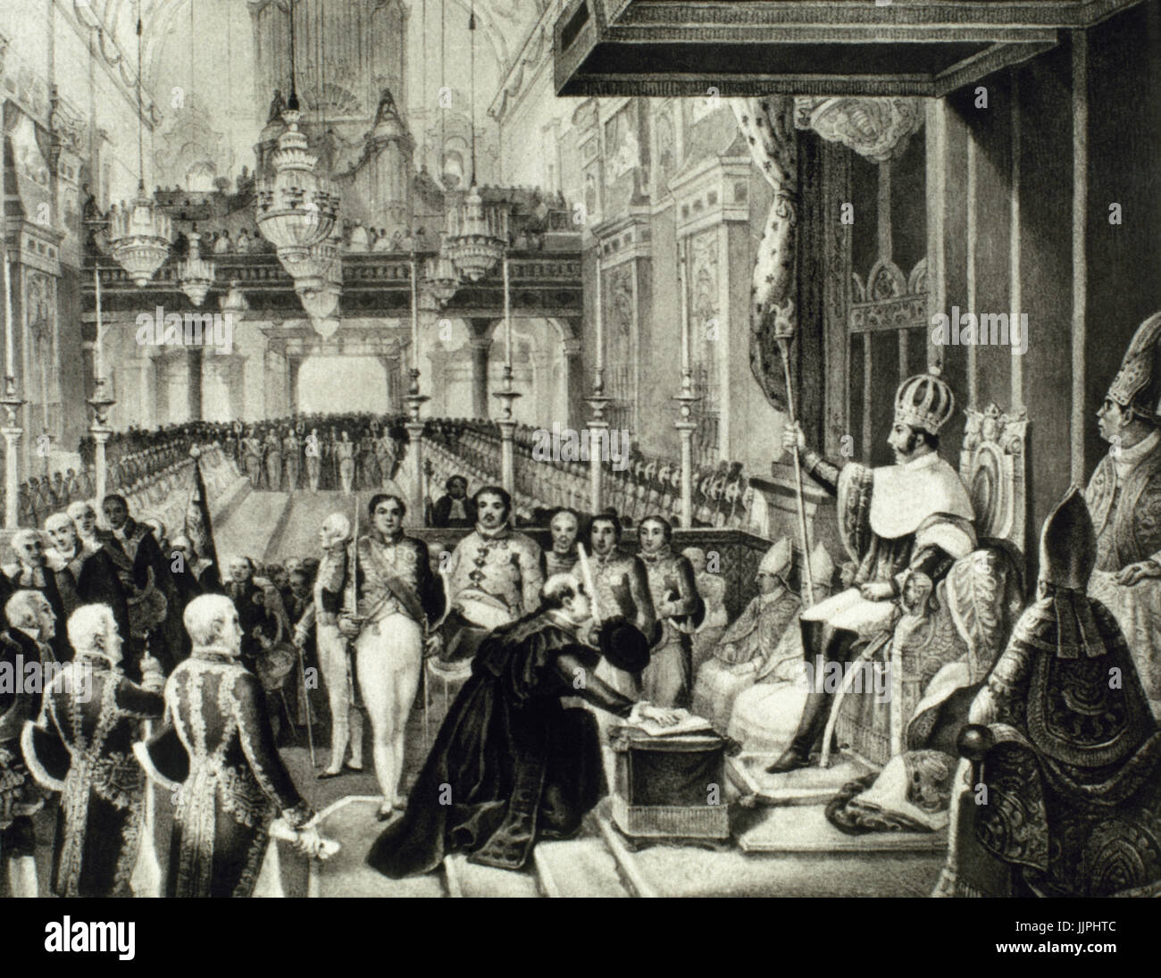 Pedro I of Brazil and IV of Portugal (1798-1834). Emperor of Brazil and King of Portugal. Ceremony of the coronation of Don Pedro celebrated in Rio de Janeiro, December 1, 1822. Engraving. Stock Photo