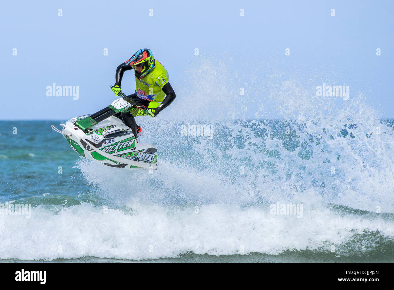 A jetskier competes in the IFWA Championships at Fistral beach in Cornwall. Stock Photo