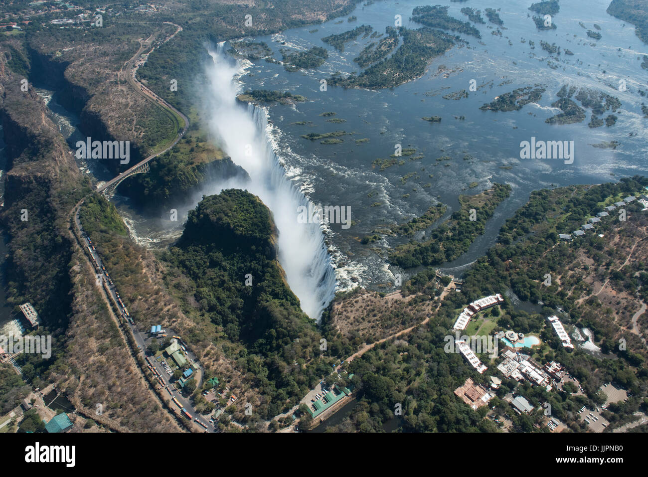 Southern Africa, at the border between Zambia and Zimbabwe. Livingston, Zambia and Victoria Falls, Zimbabwe. Aerial view of Victoria Falls, and Victor Stock Photo