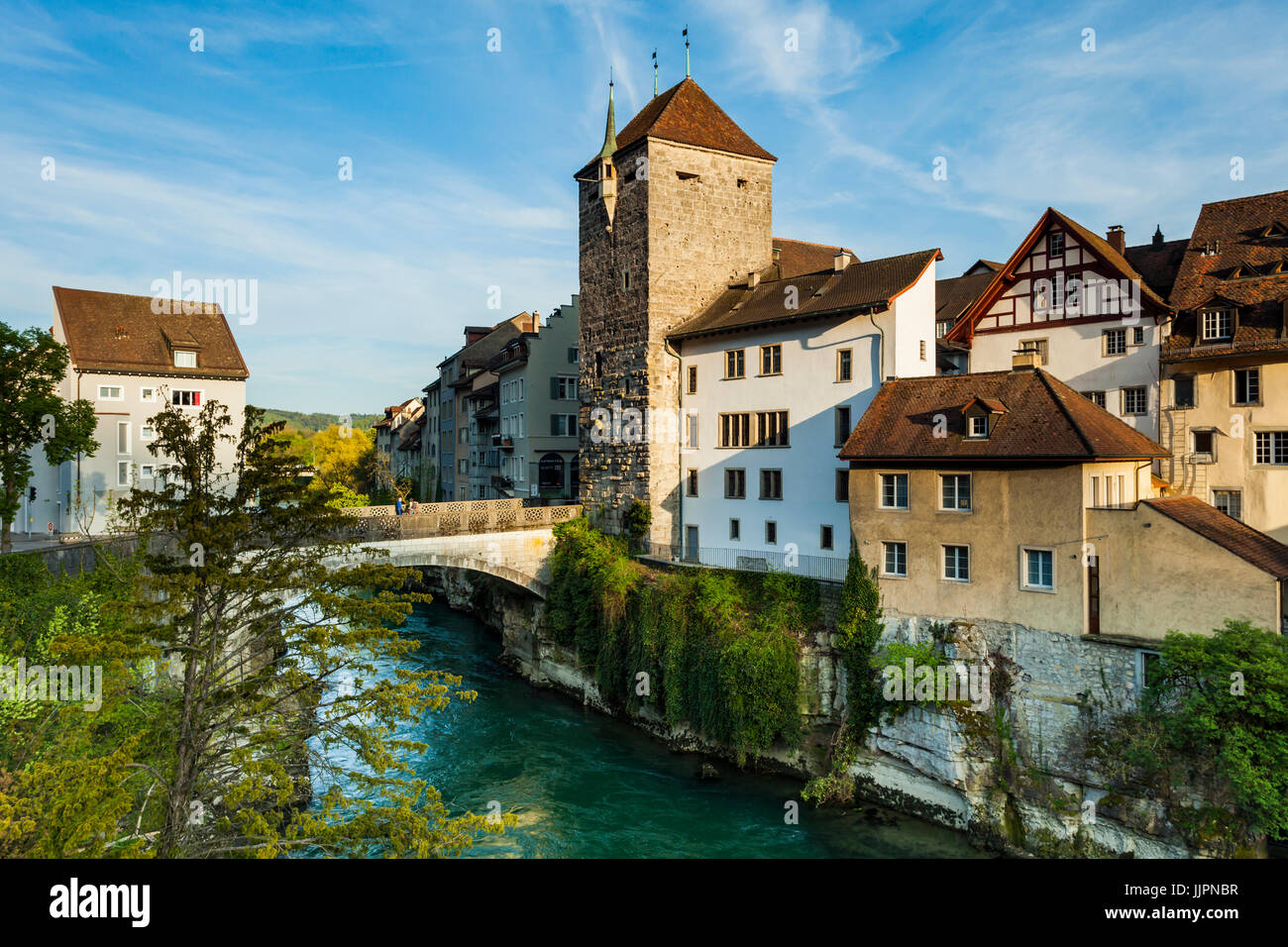Sunset in the small historic town of Brugg in the canton of Aargau. Stock Photo