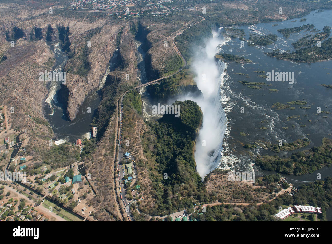 Southern Africa, at the border between Zambia and Zimbabwe. Livingston, Zambia and Victoria Falls, Zimbabwe. Aerial view of Victoria Falls, and Victor Stock Photo