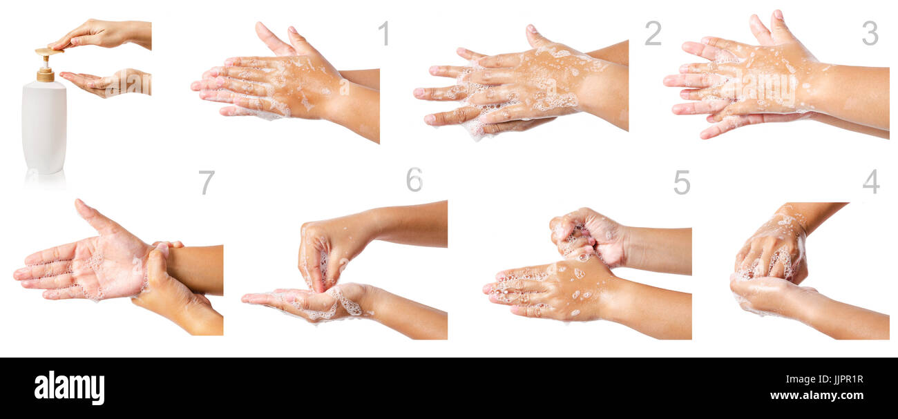 Hand washing medical procedure step by step. Isolated on white