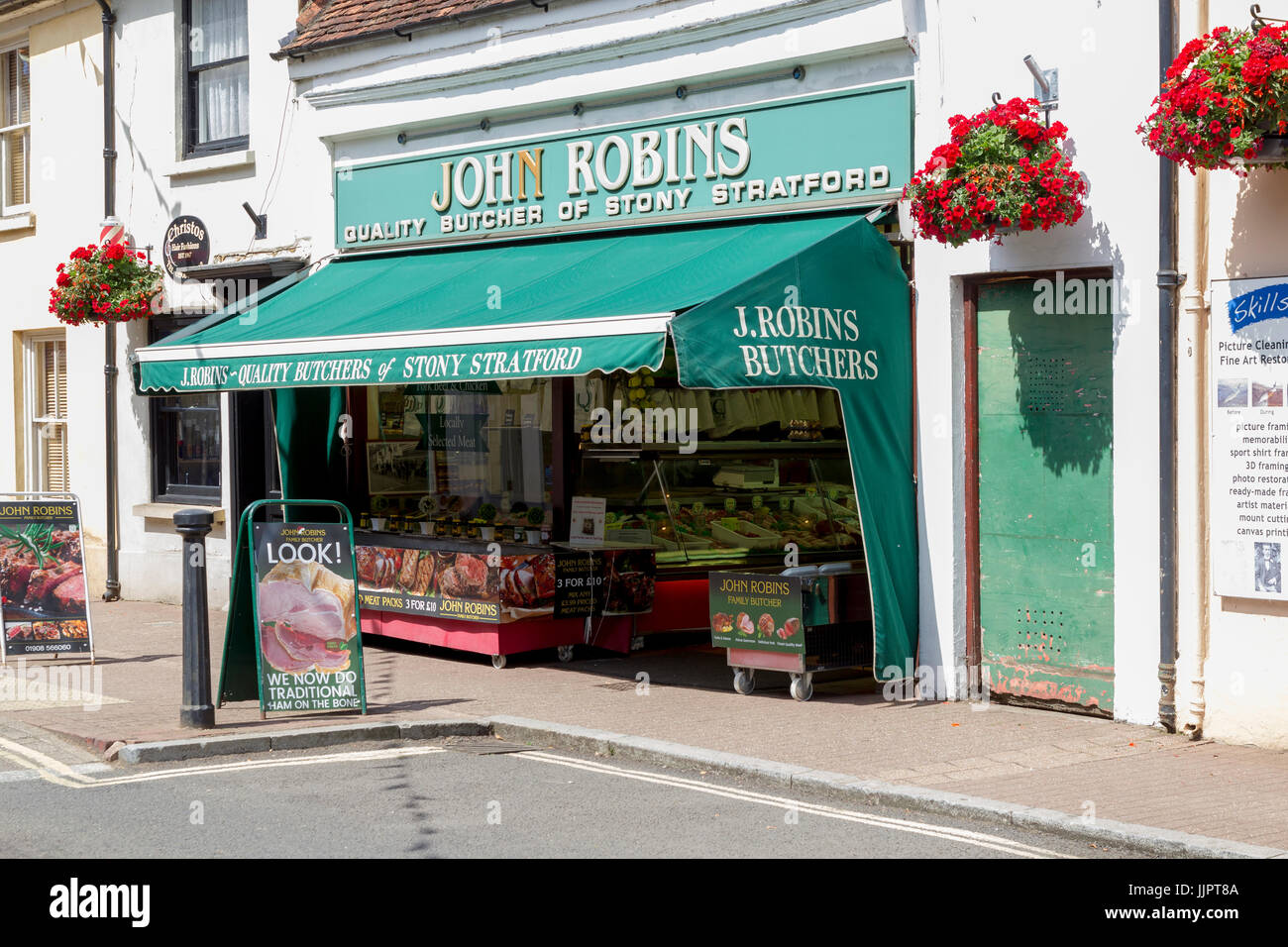 John Robins quality butchers shop front on the High Street, Stony Stratford, Buckinghamshire, uk Stock Photo