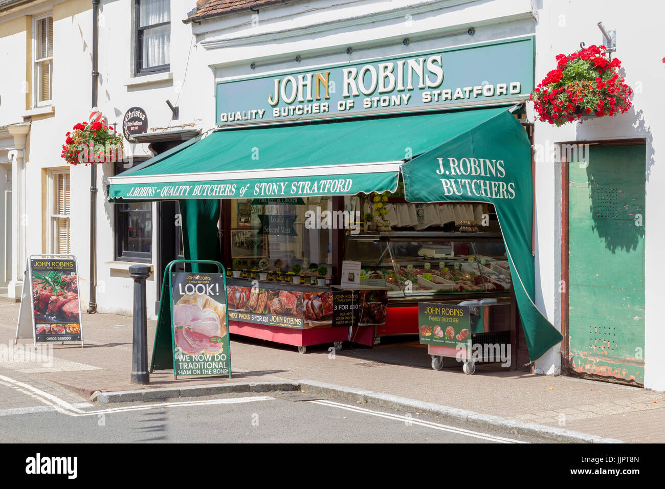 John Robins quality butchers shop front on the High Street, Stony Stratford, Buckinghamshire, uk Stock Photo