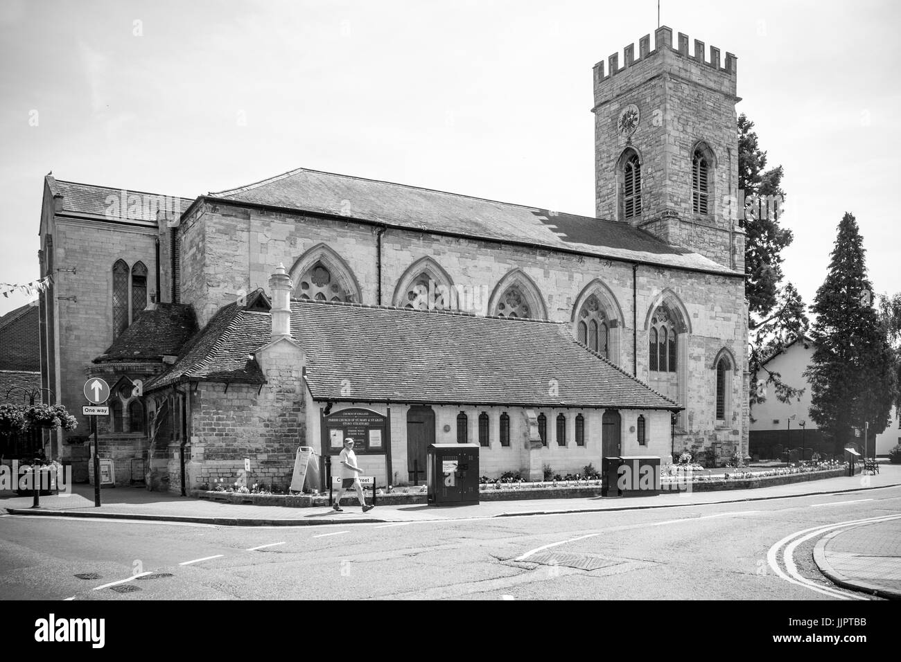 Saint Mary and Saint Gile church, Stony Stratford, Buckinghamshire converted to black and white. Stock Photo