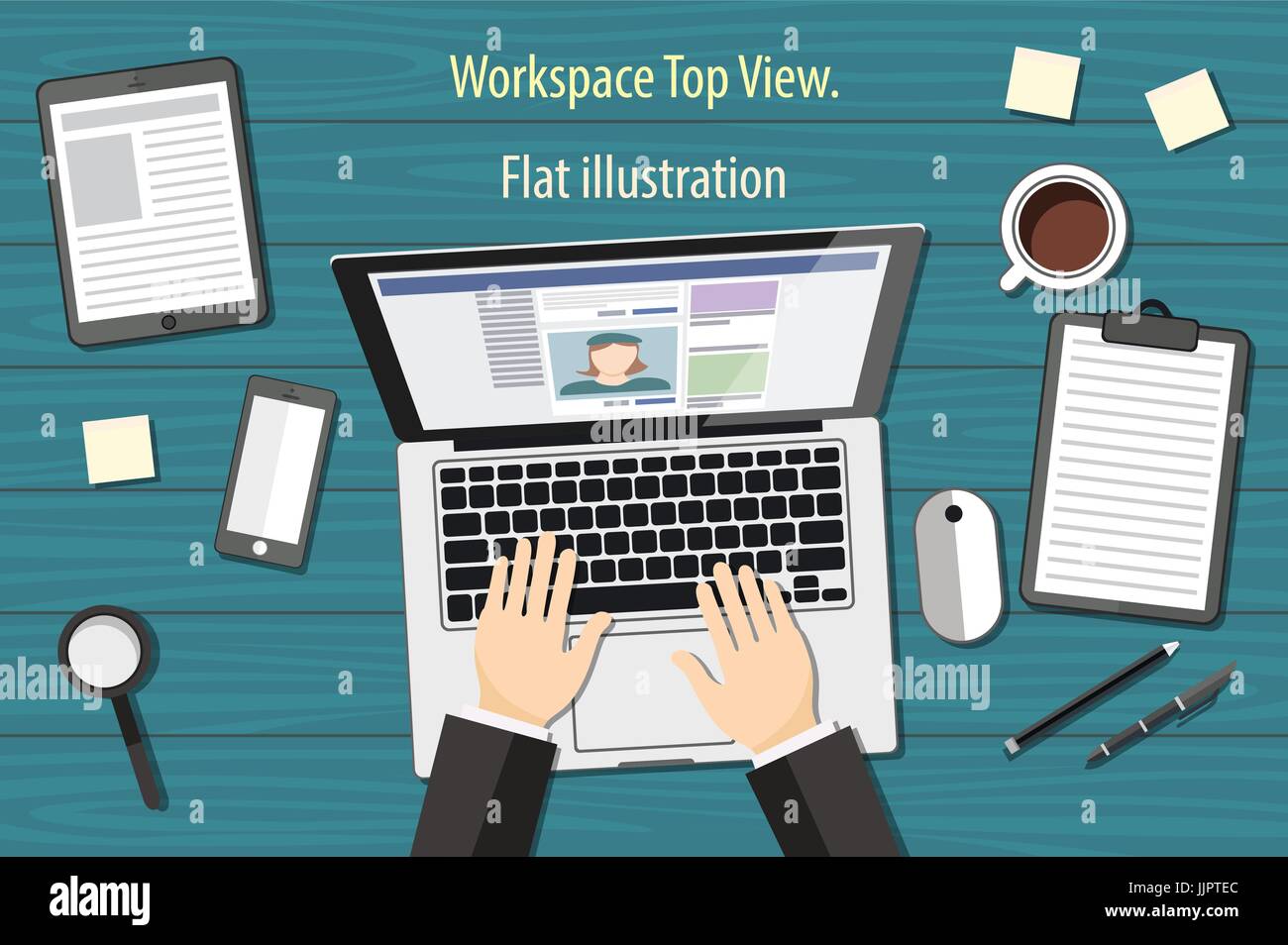 workplace - top view - flat design - laptoop blue - desk vector art ...