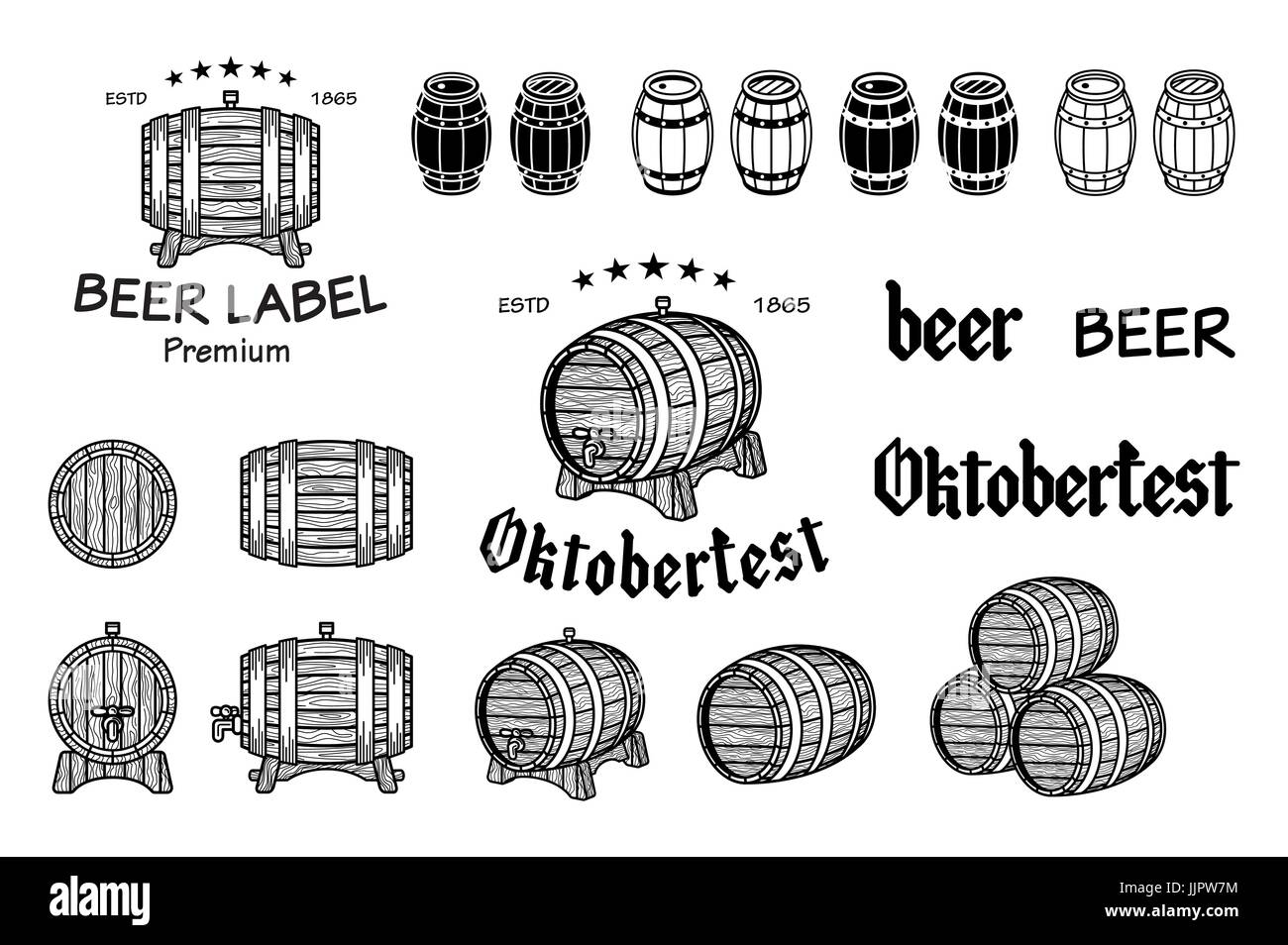 Vector set of barrels in vintage style. Collection barrels on a white
