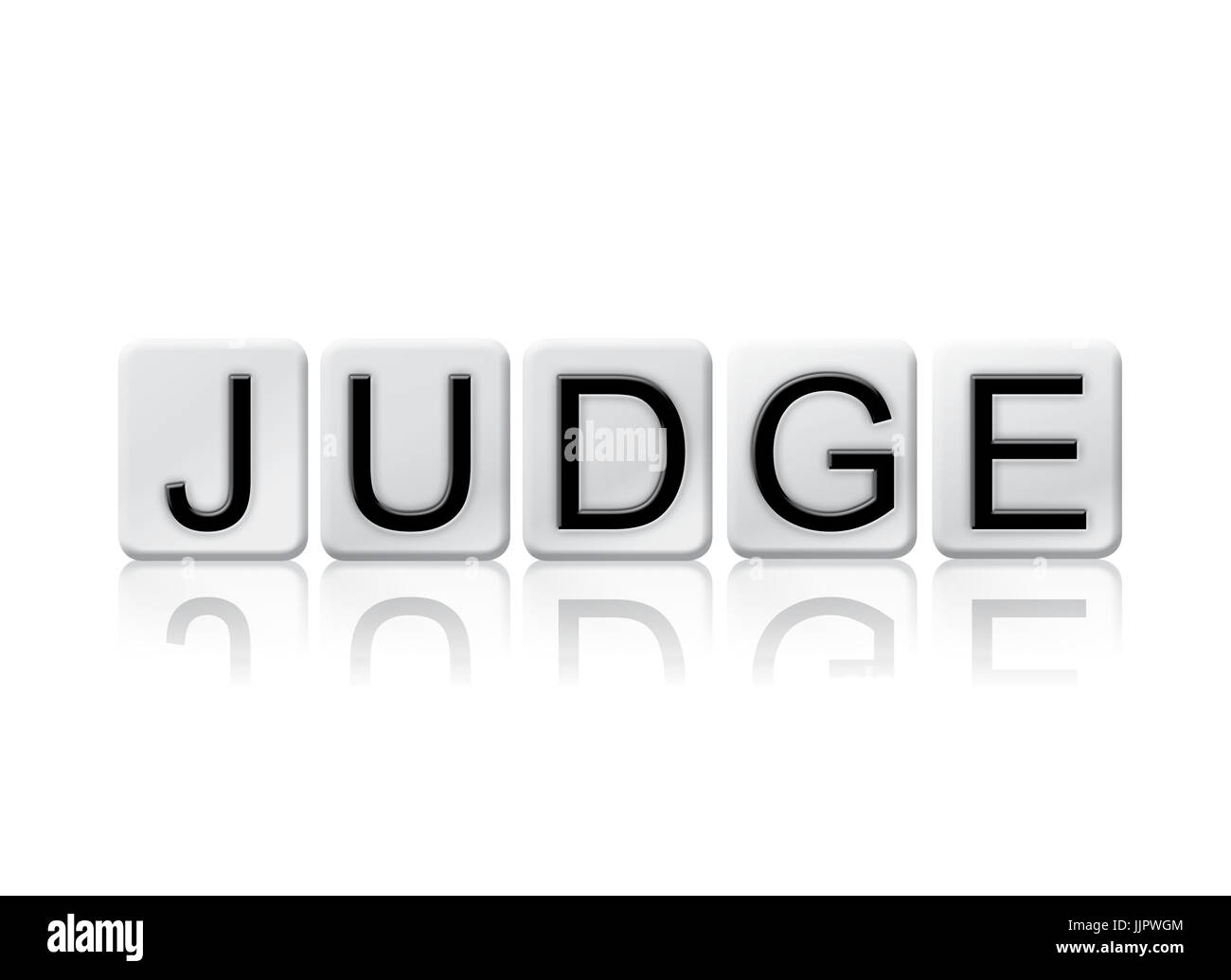 The word Judge concept and theme written in white tiles and isolated on