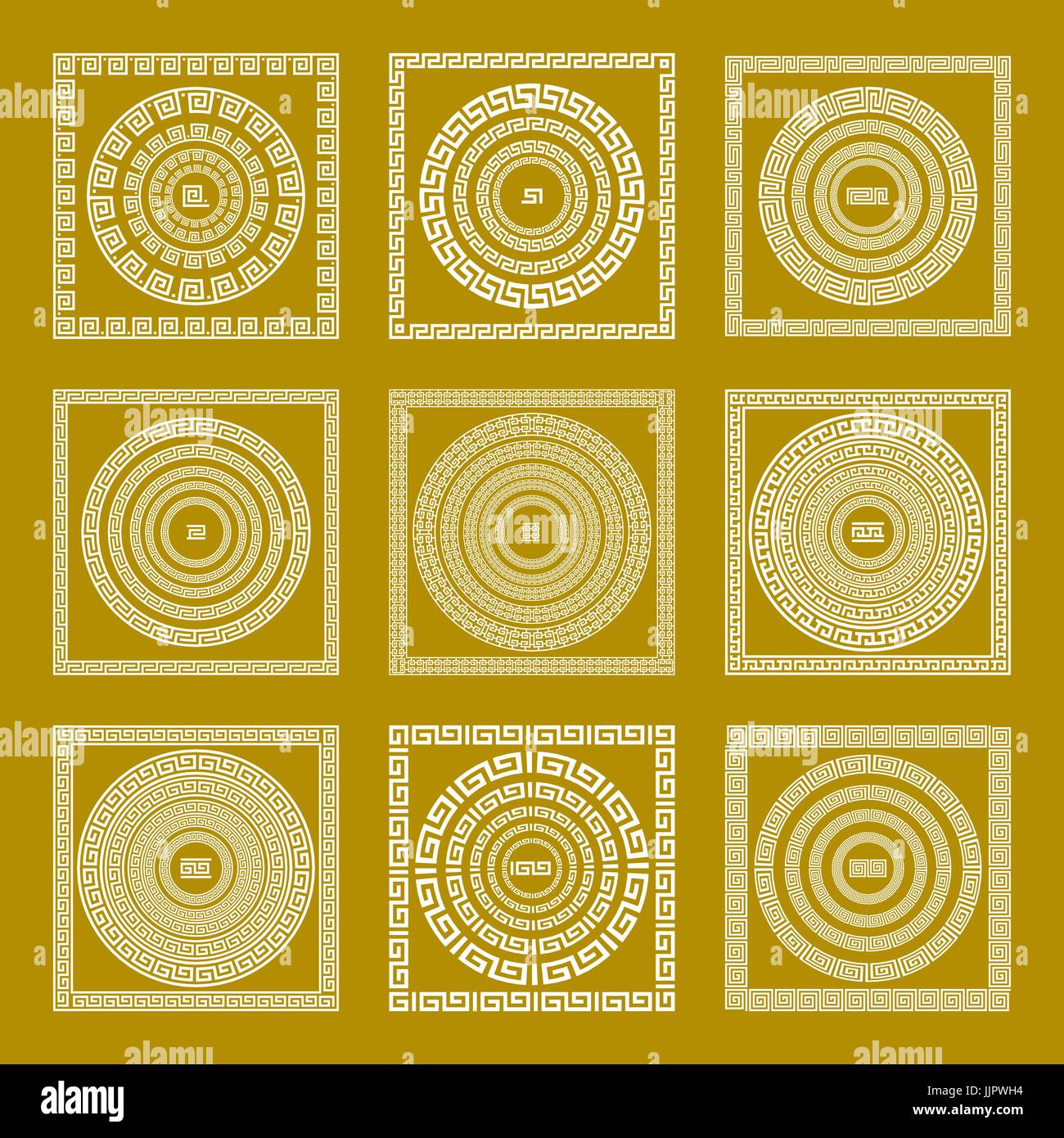Vector set Traditional vintage golden square and round Greek ornament ...