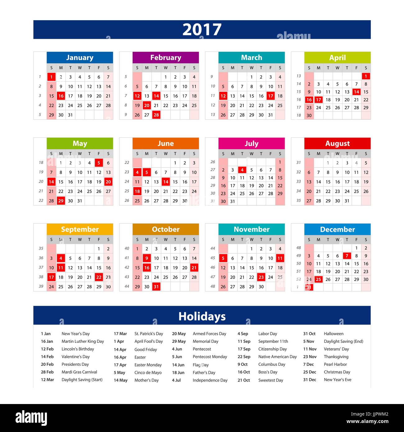 17 Calendar Holidays Usa Illustration Vector Template Of Color 17 Calendar Art Stock Vector Image Art Alamy