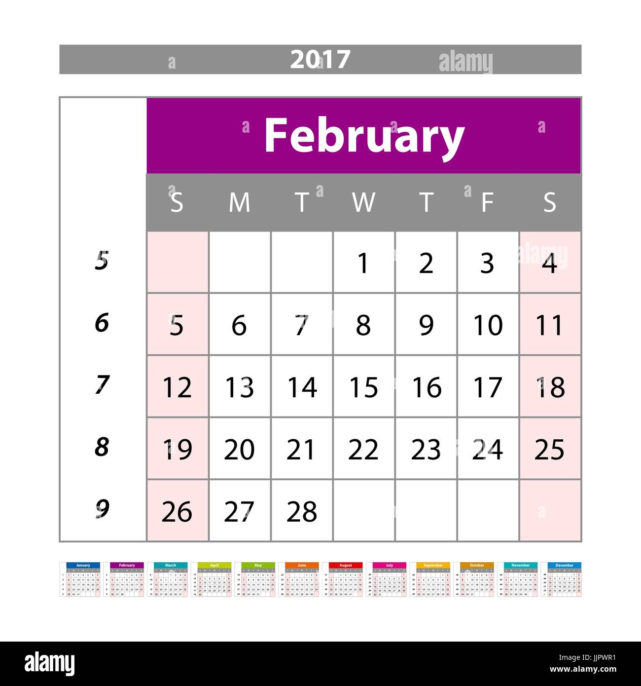 Vector planning calendar February 2017 Monthly scheduler. Week starts on Sunday. art Stock Vector
