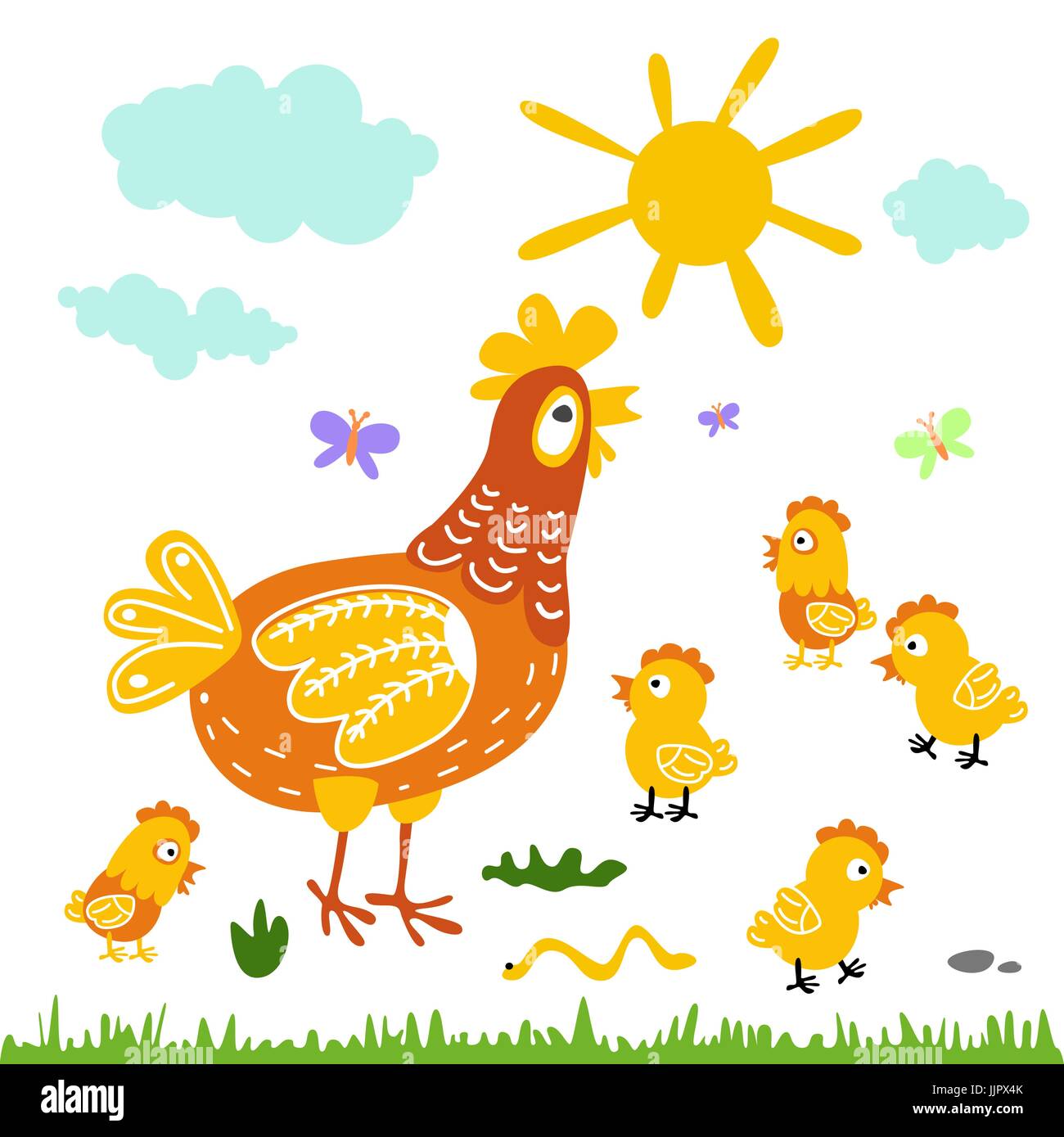 Funny vector cartoon colorfull hen and chicks isolated background art Stock Vector