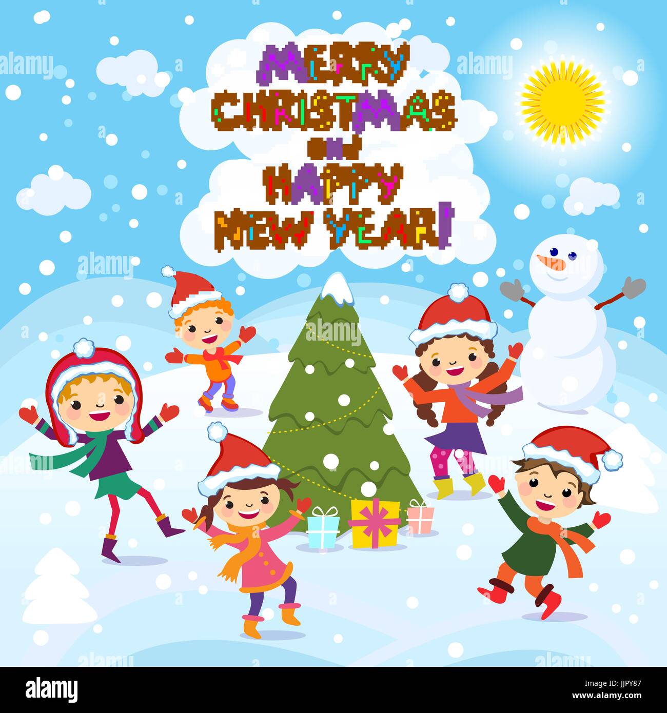 Merry Christmas And Happy New Year. 2017. Winter fun. Cheerful kids