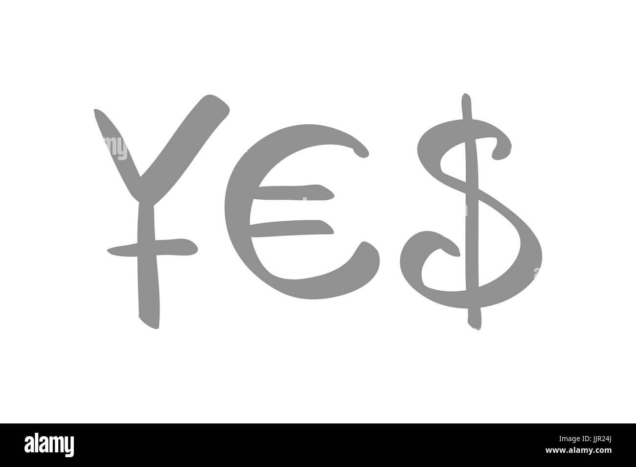 currency symbols (for Yen, Euro and US Dollar) forming a word YES. Concept of successful financial deal, transaction or agreement. Isolated art Stock Vector