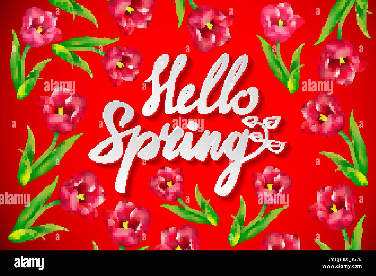 Hello Spring phrase vector lettering. Hand drawn calligraphy, red ...