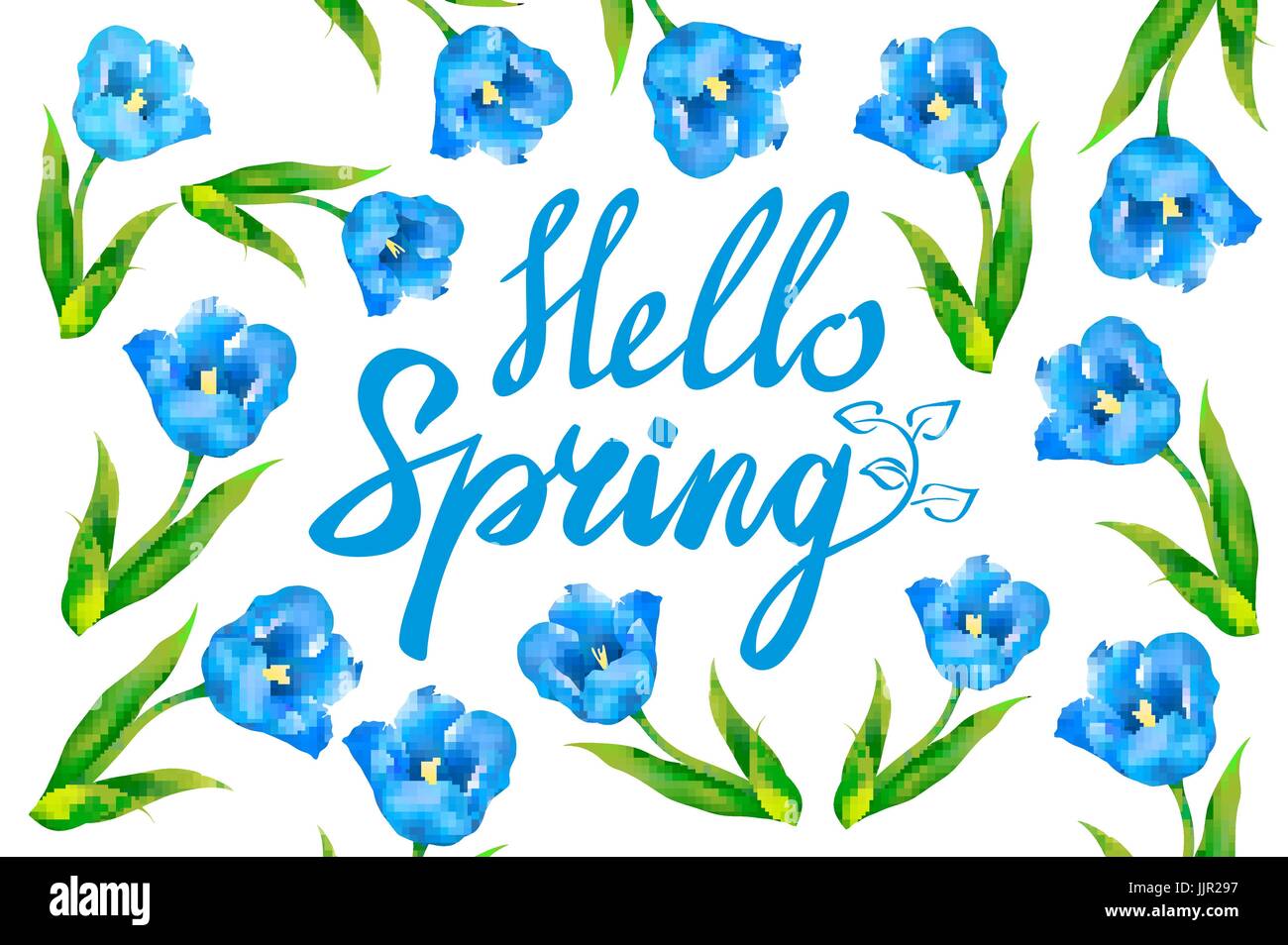 Hello spring greeting card. Hand drawn illustration with wood ...