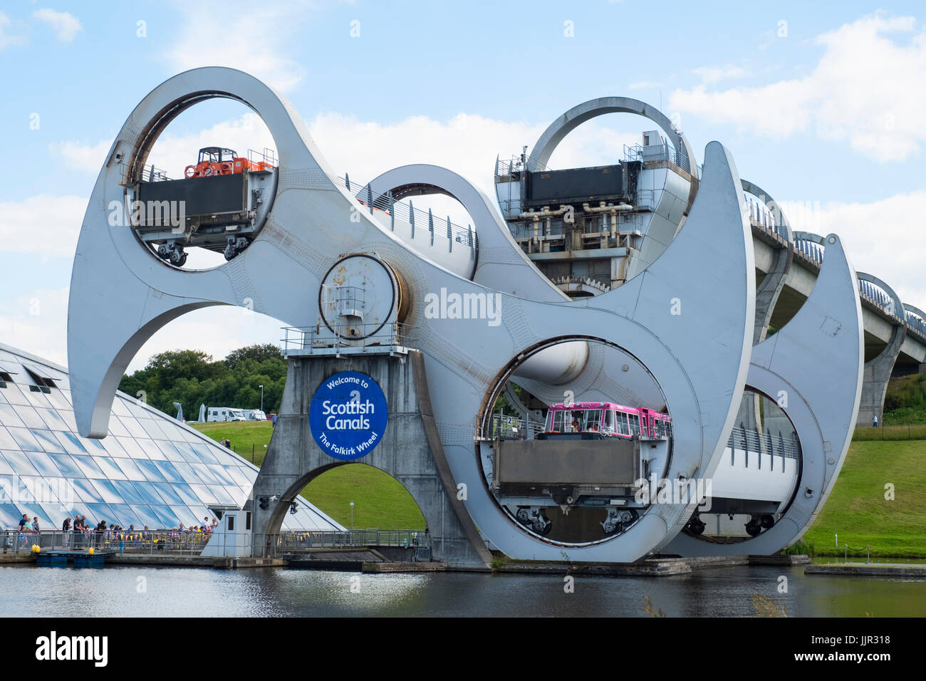 View of Falkirk Wheel ship lift connecting Forth and Clyde Canal with Union Canal in Scotland, United Kingdom Stock Photo