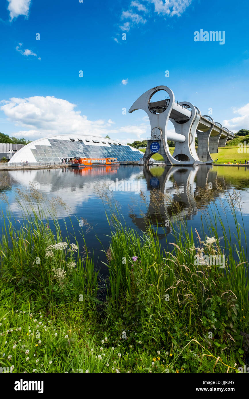 View of Falkirk Wheel ship lift connecting Forth and Clyde Canal with Union Canal in Scotland, United Kingdom Stock Photo