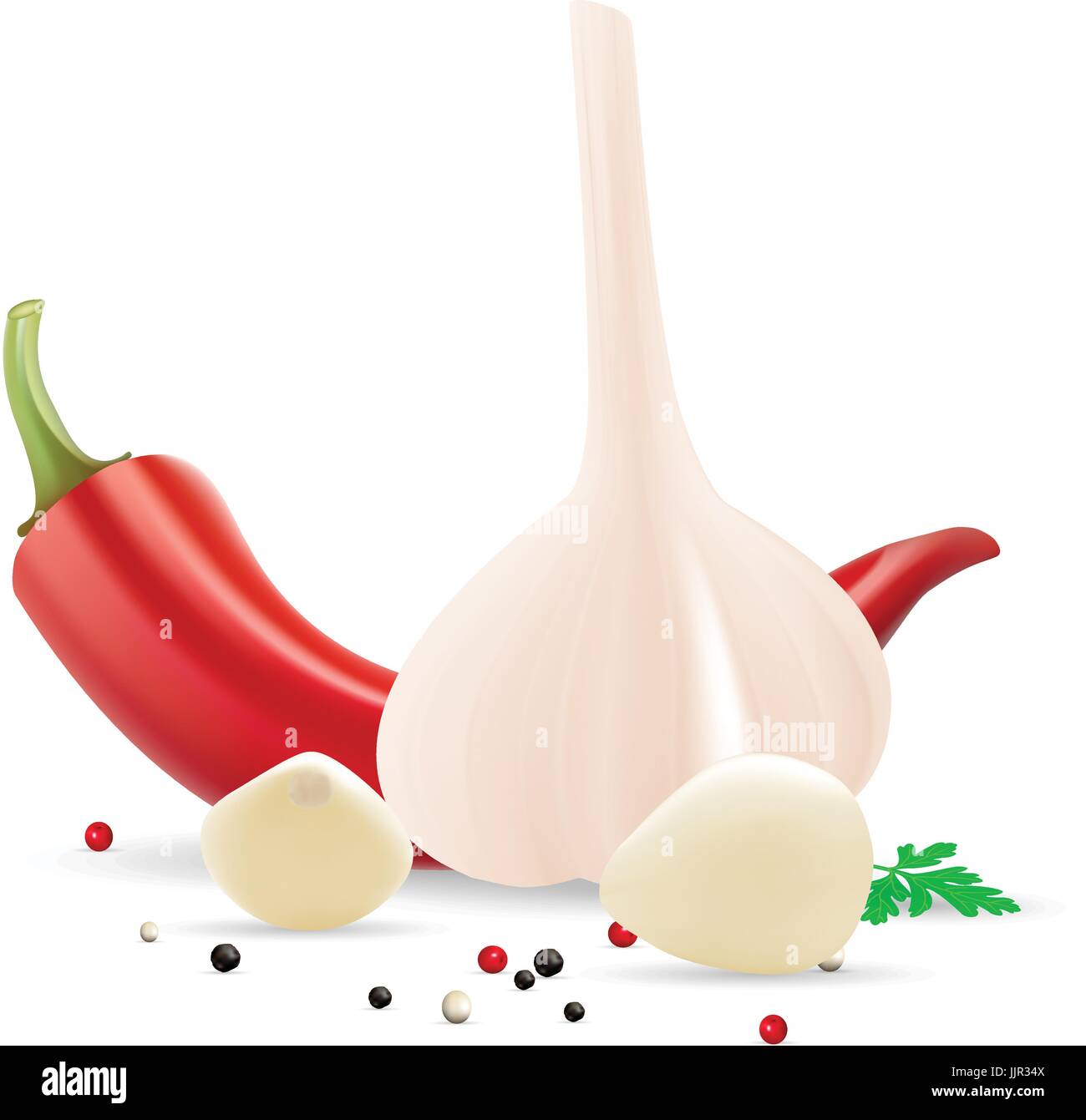 Garlic And Cloves Of Garlic With Parsley, Chili Pepper And Spice ...