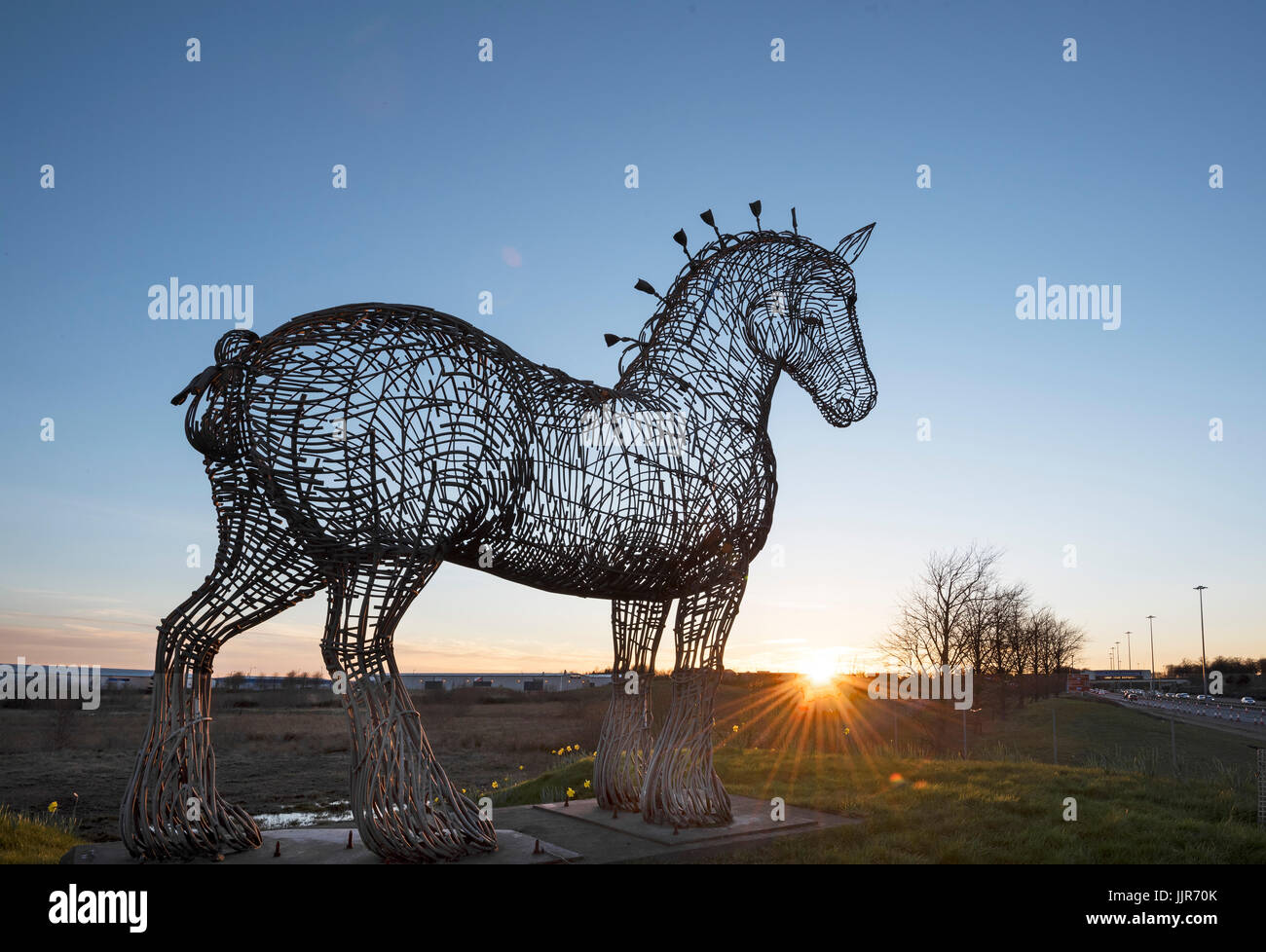 Andy Scott's Heavy Horse Sculpture overlooking the M8 Motorway at dusk. Stock Photo