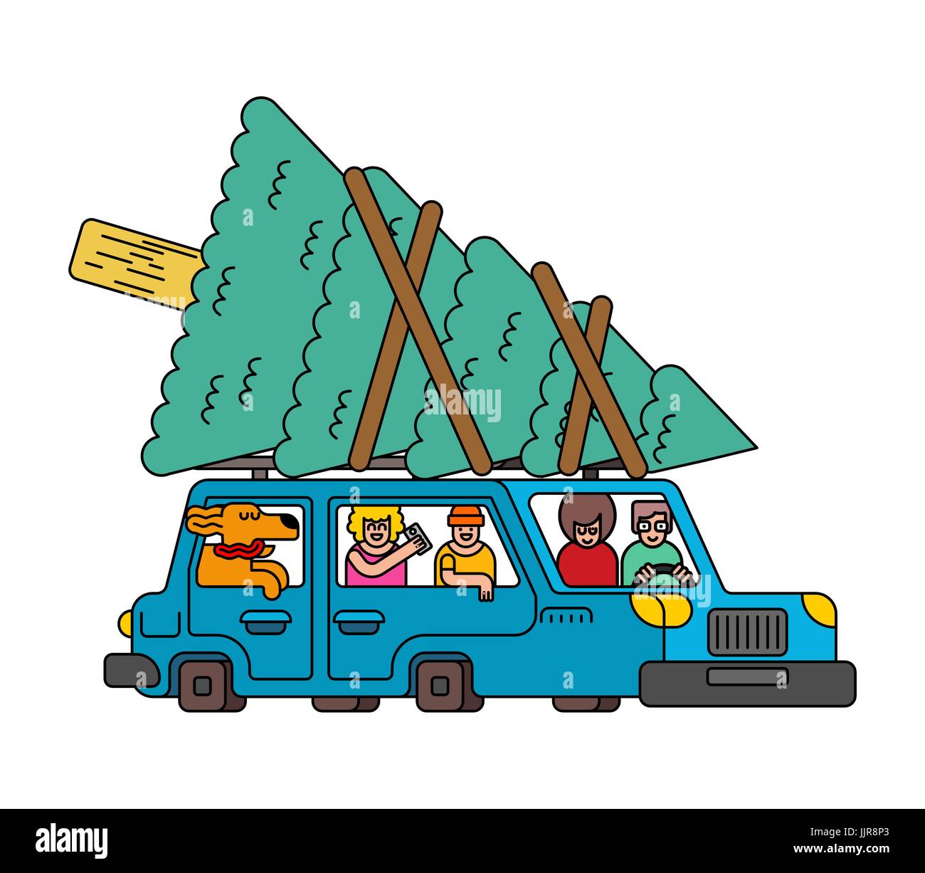 Car and Christmas tree. auto and spruce. New Year illustration