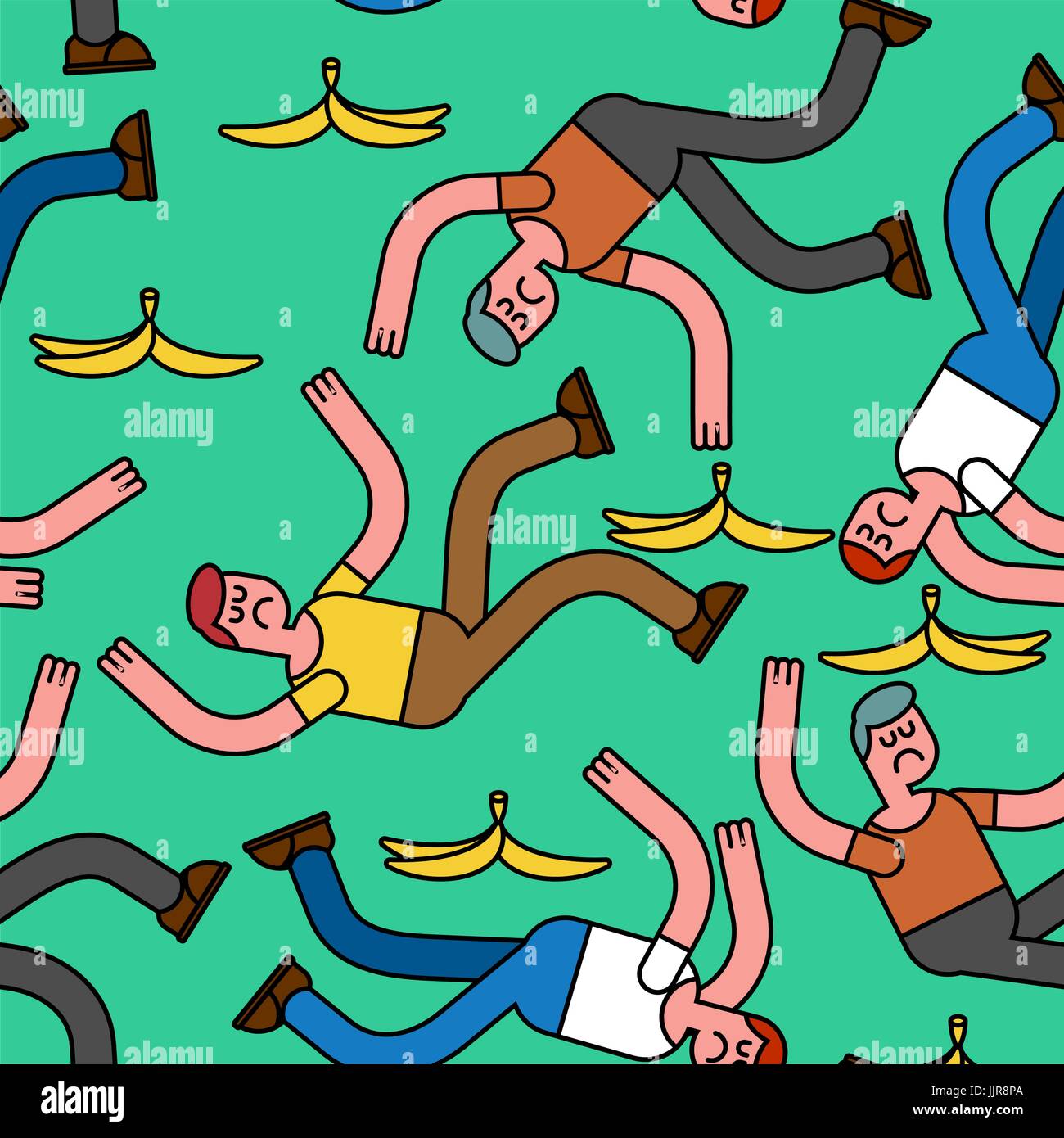 Fall on banana seamless pattern. Slip on banana peel background. guy