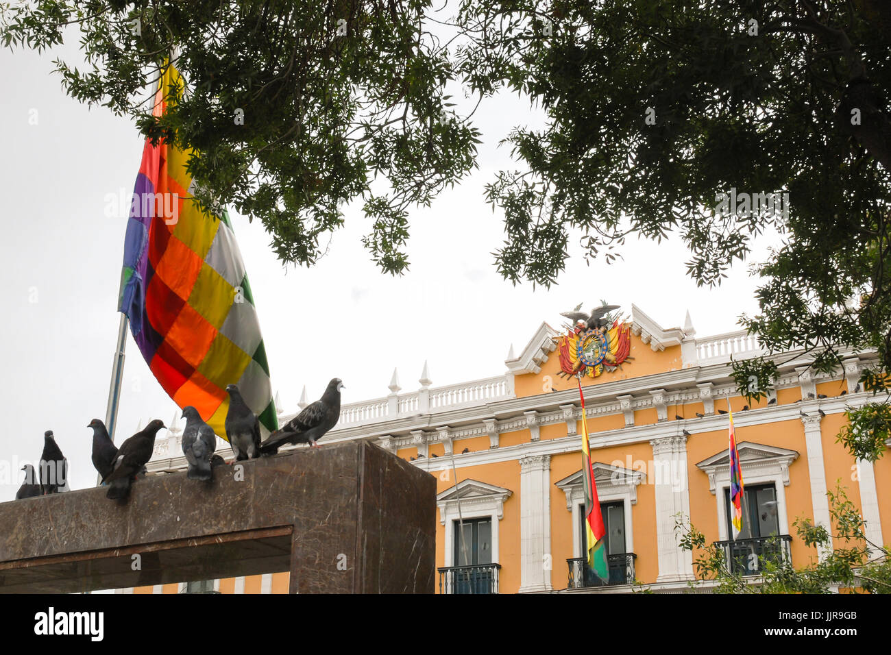 Wiphala flag and Presidential palace, La Paz, Bolivia, South America Stock Photo