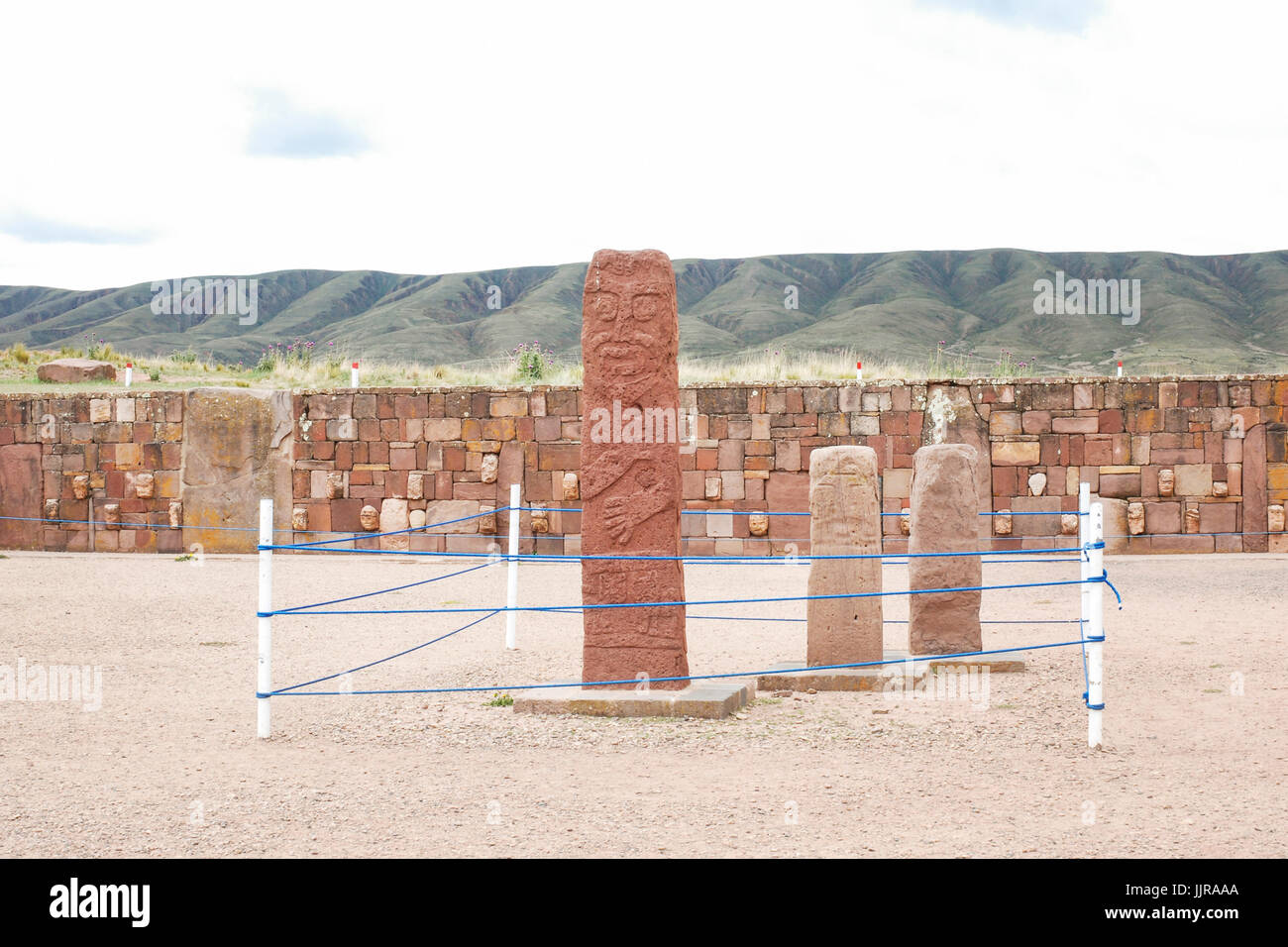 Monoliths in Temple Kalasasaya in Tiwanaku, Pre-Columbian archaeological site, Bolivia, South America. UNESCO world heritage site Stock Photo