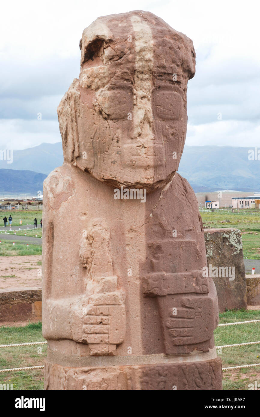 Monolith in Tiwanaku, Pre-Columbian archaeological site, Bolivia, South America Stock Photo