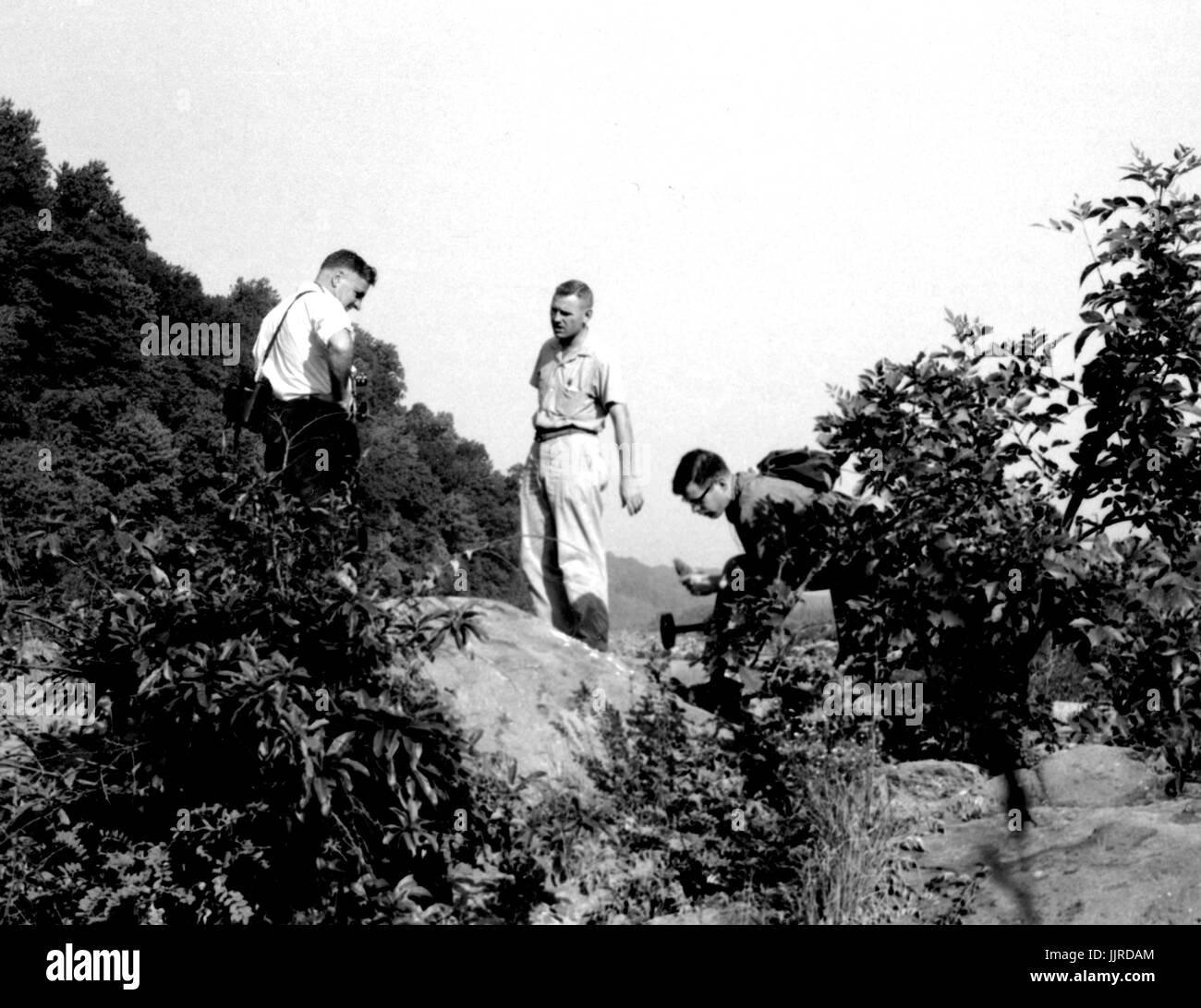 George Wescott Fisher, Clifford A. Hopson, and J. S. Reed, Students from a Johns Hopkins University geology class, collect samples in the field, 1950. Stock Photo