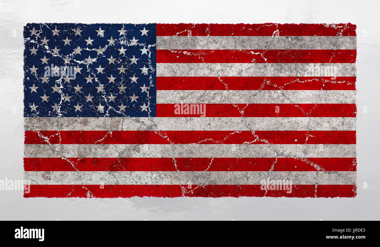 Distressed and fractured American flag. Cracks, wear and tear spread through the red, white and blue America's national symbol. Stock Photo