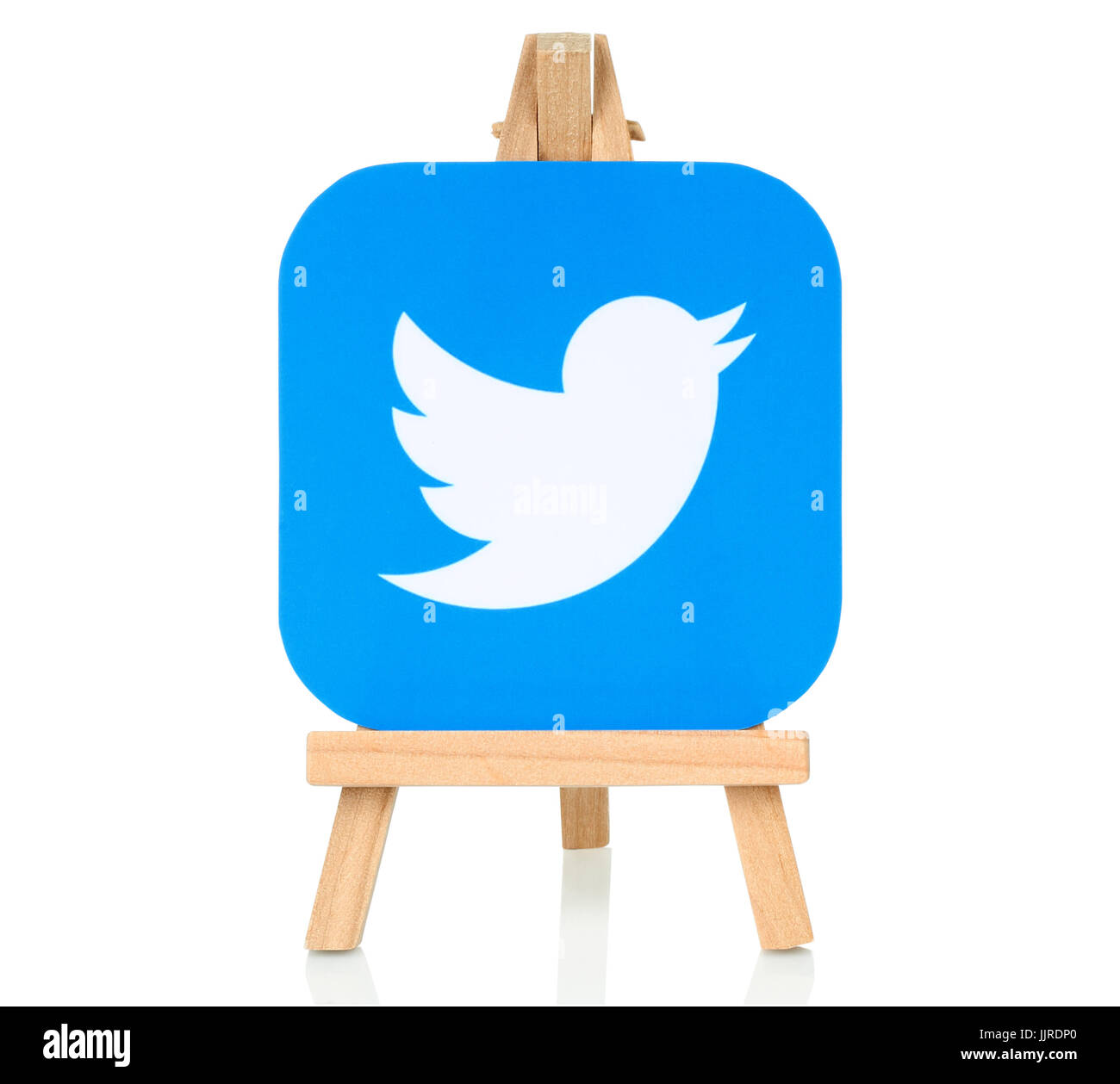 Kiev, Ukraine - August 30, 2016: Twitter logo printed on paper and placed on wooden easel. Twitter is a well-known social networking and news service Stock Photo