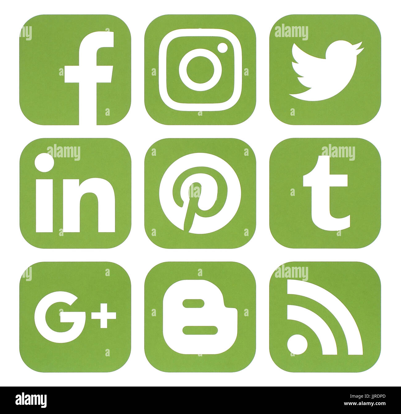 Kiev, Ukraine - January 24, 2017: Collection of popular social media icons in greenery color, printed on paper: Facebook, Twitter, Google Plus, Instag Stock Photo