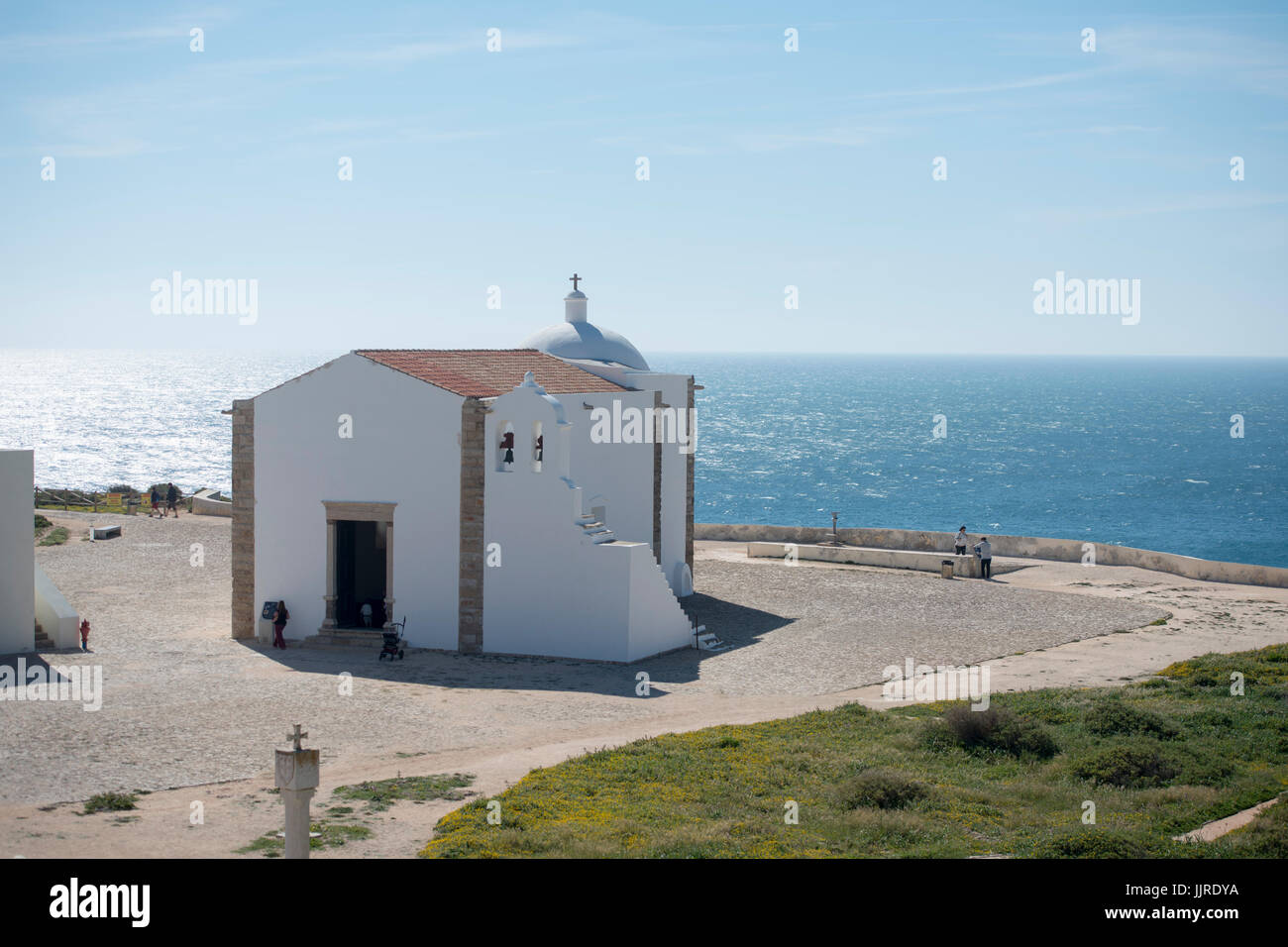 the church in the fortaleza de Sagres at the Ponta de Sagres at the Cabo de Sao Vicente near the town of Sagres at the Algarve of Portugal in Europe. Stock Photo