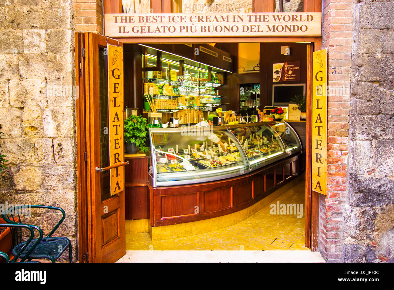The best gelato in the world from an ice cream shop in San Gimignano Tuscany, Italy Stock Photo