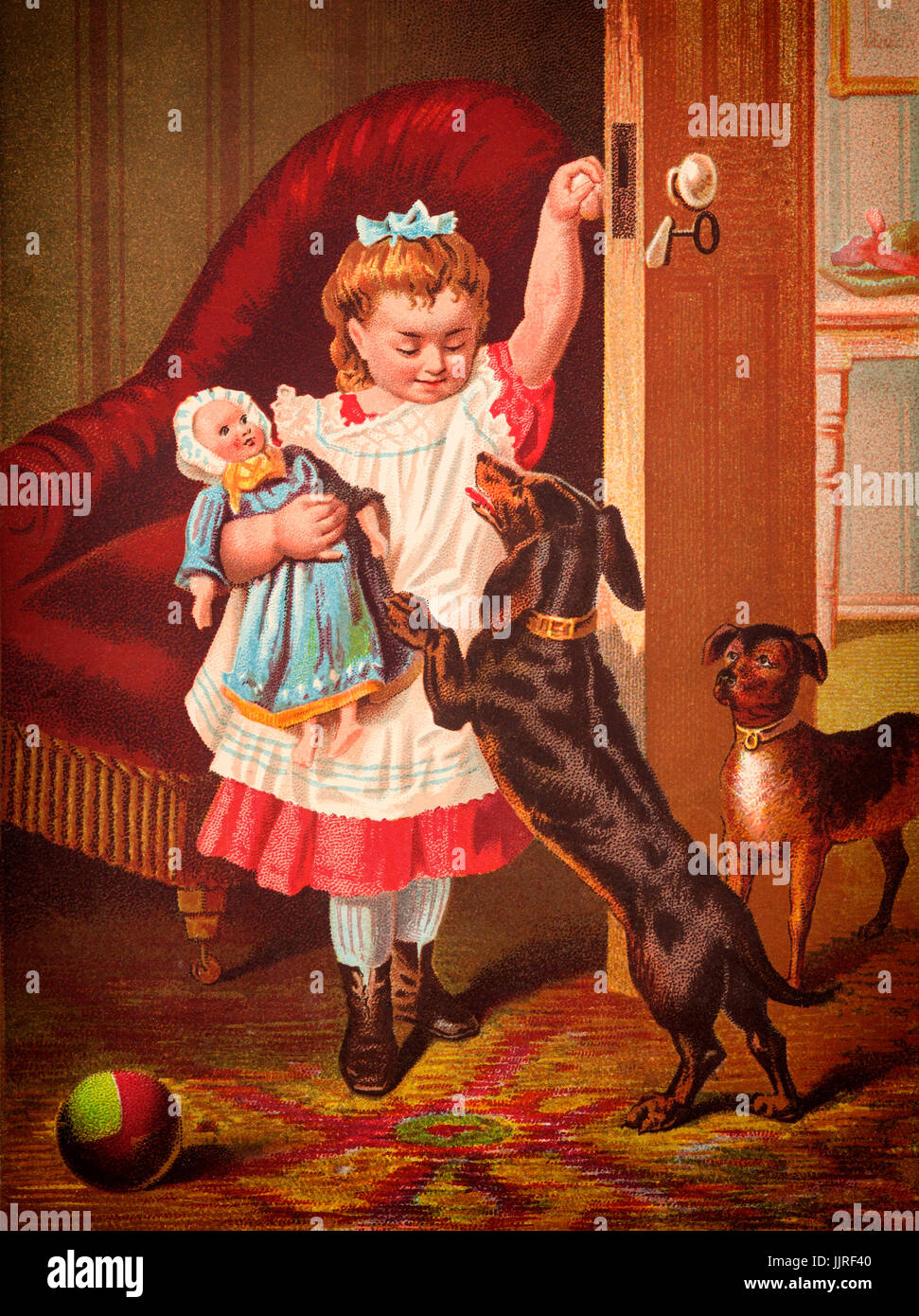 A young girl, doll and two dogs, England. A Trade Card by Riddle ...