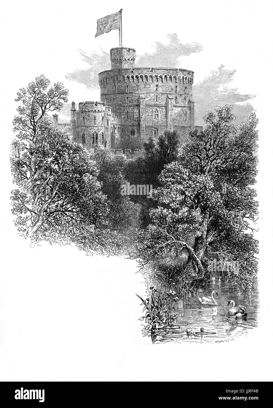 1870: The Round Tower, built by Henry II  in 1170. It replaced a wooden Norman keep which was part of the Windsor Castle constructed by William the Conqueror from 1070-86. Windsor, Berkshire, England Stock Photo