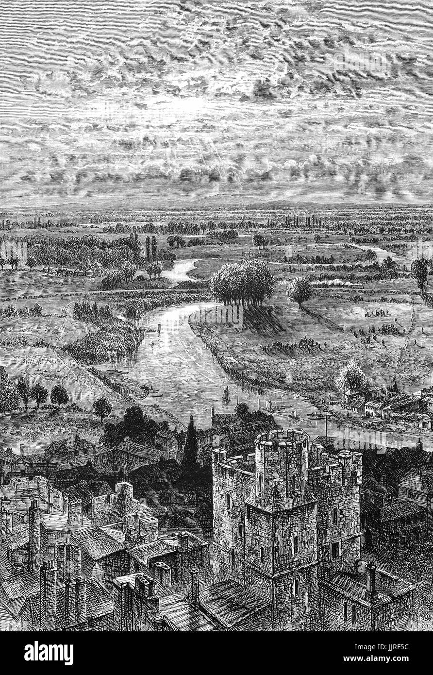 1870: An aerial view of the River Thames from the Round Tower, Windsor Castle, Berhshire, England Stock Photo