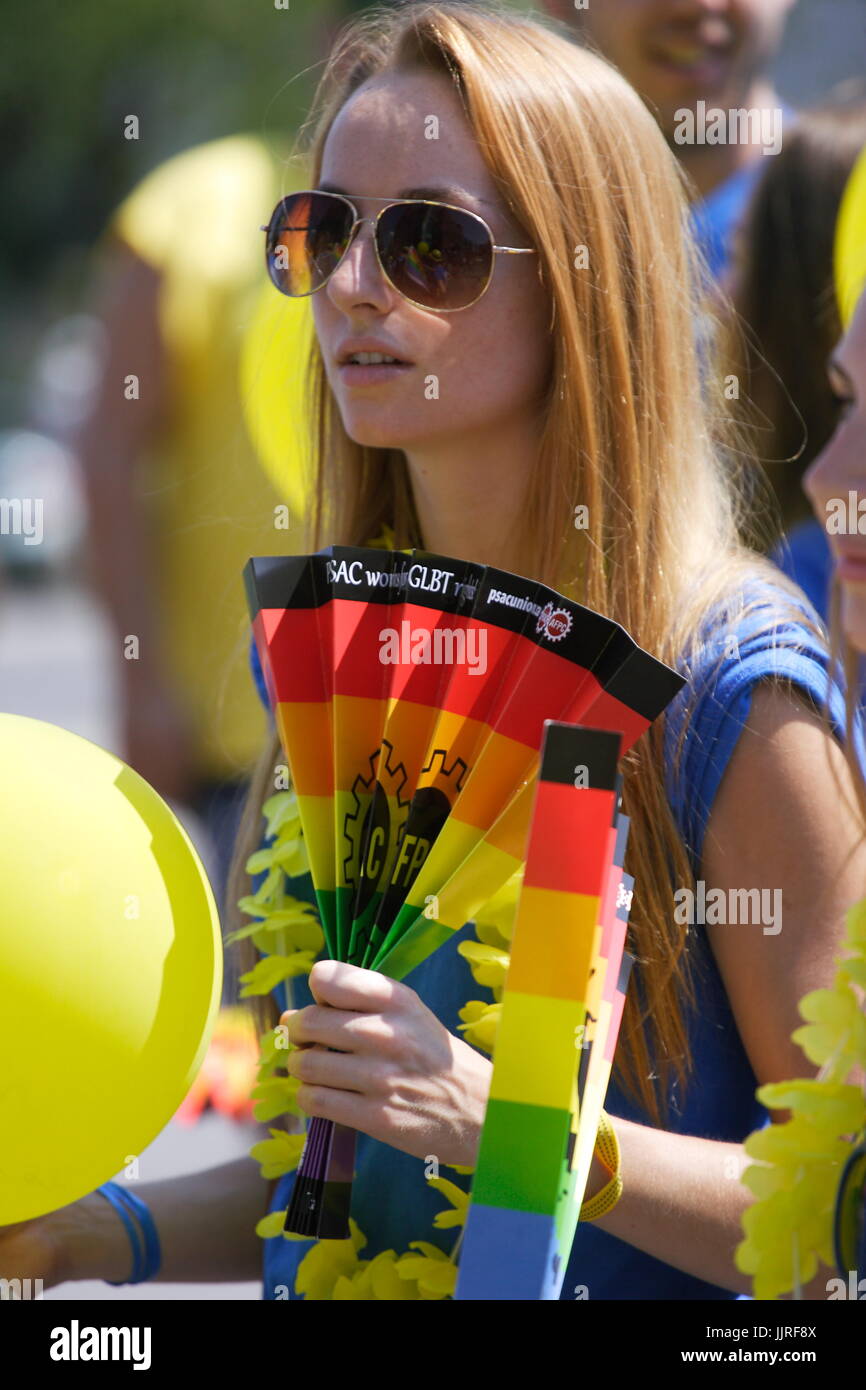 A young woman participates for the Royal Bank group in the Pride Parade in Montreal Stock Photo