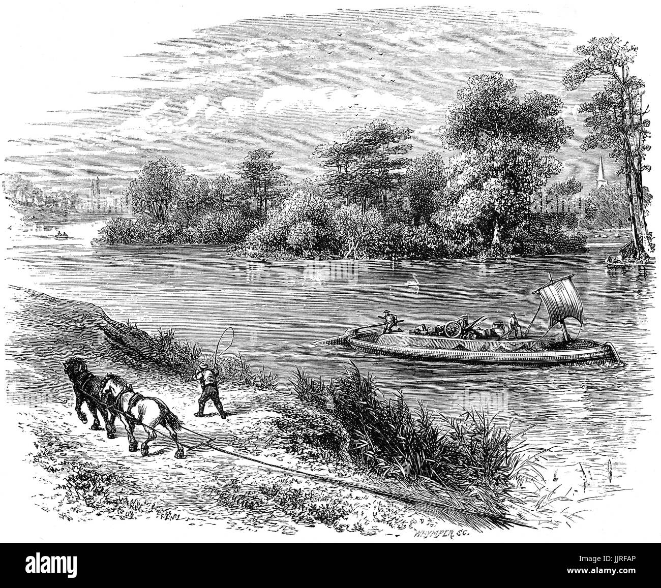 1870: Barges in front of Magna Carta Island, an island in the River Thames lying across the river from the water-meadows at Runnymede.  The island is one of several contenders for being the place where, in 1215, King John sealed the Magna Carta. Whilst the charter itself indicates Runnymede by name, it is possible the island may have been considered part of Runnymede at the time. Near Old Windsor, Berkshire, England Stock Photo