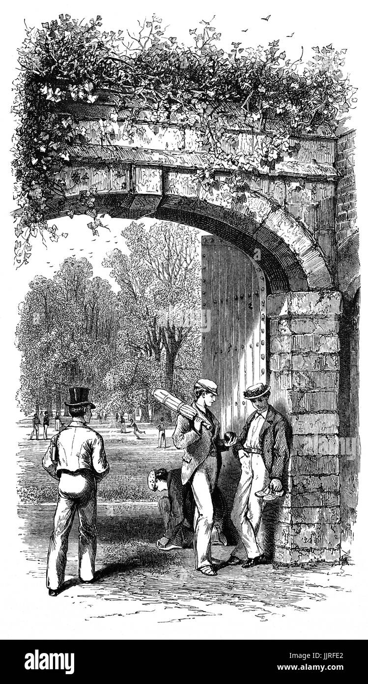 1870: Entrance to the Playing Fields at  Eton College, an English independent boarding school for boys founded in 1440 by King Henry VI as 'The King's College of Our Lady of Eton besides Wyndsor', Eton, Berkshire, near Windsor, England. Stock Photo