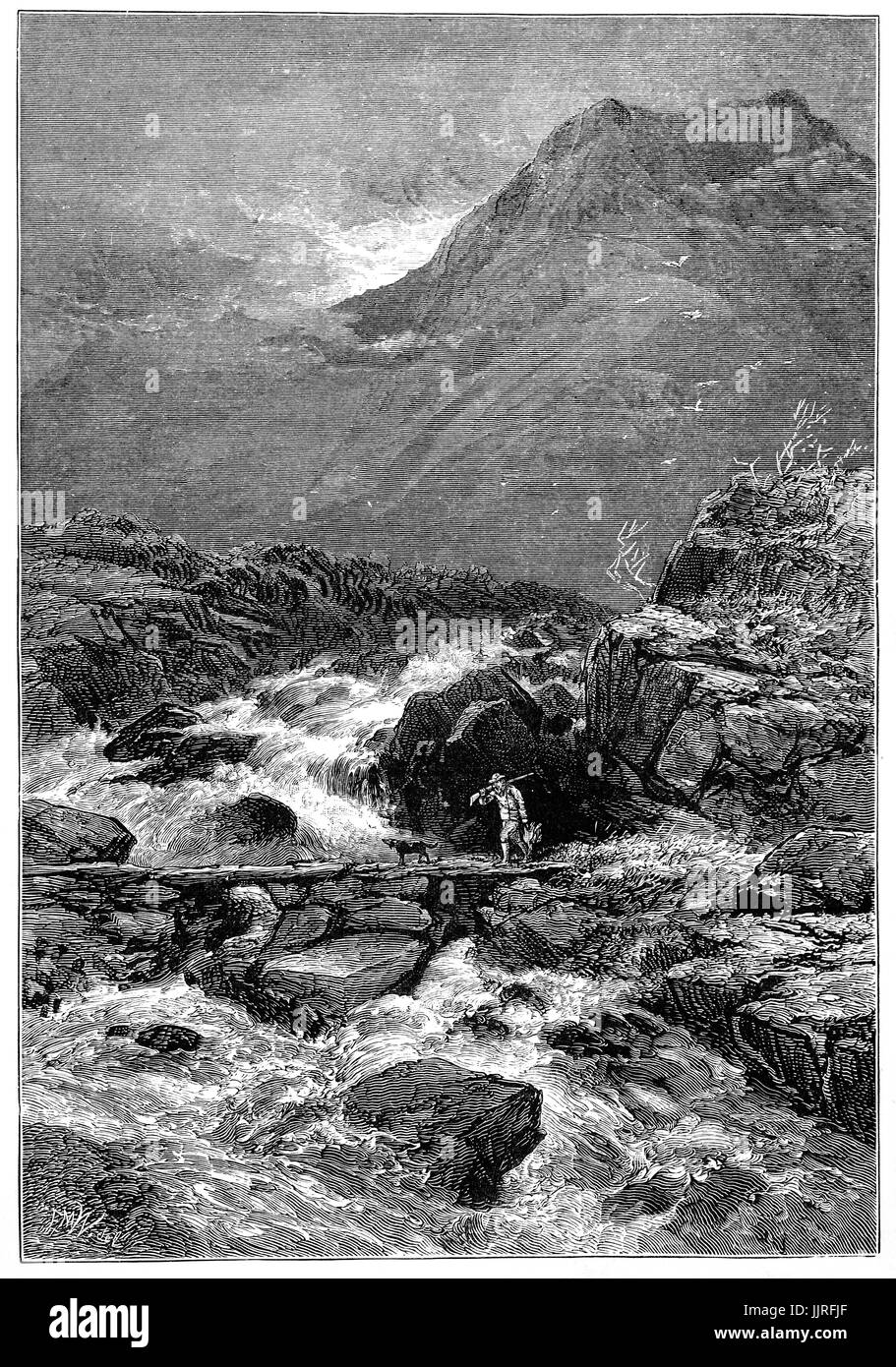 1870: Homeward bound after hunting, a man and dog cross the steam from Llyn Idwal, a small lake within Cwm Idwal in the Glyderau Mountains of Snowdonia, Gwynydd, North Wales. Stock Photo