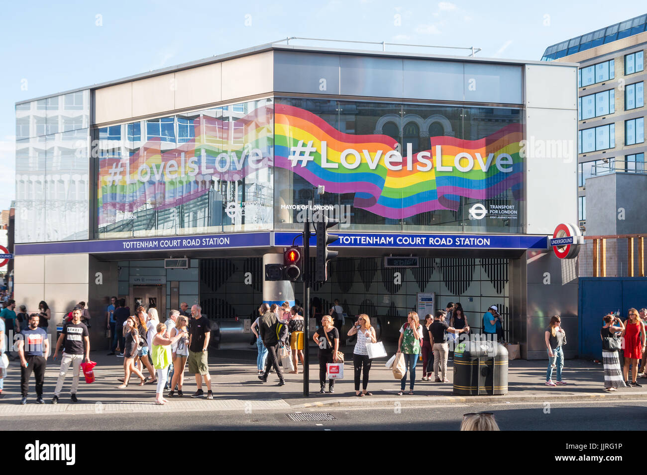 Rainbow branding at Tottenham Court Road Station to mark London's Gay Pride celebrations Stock Photo
