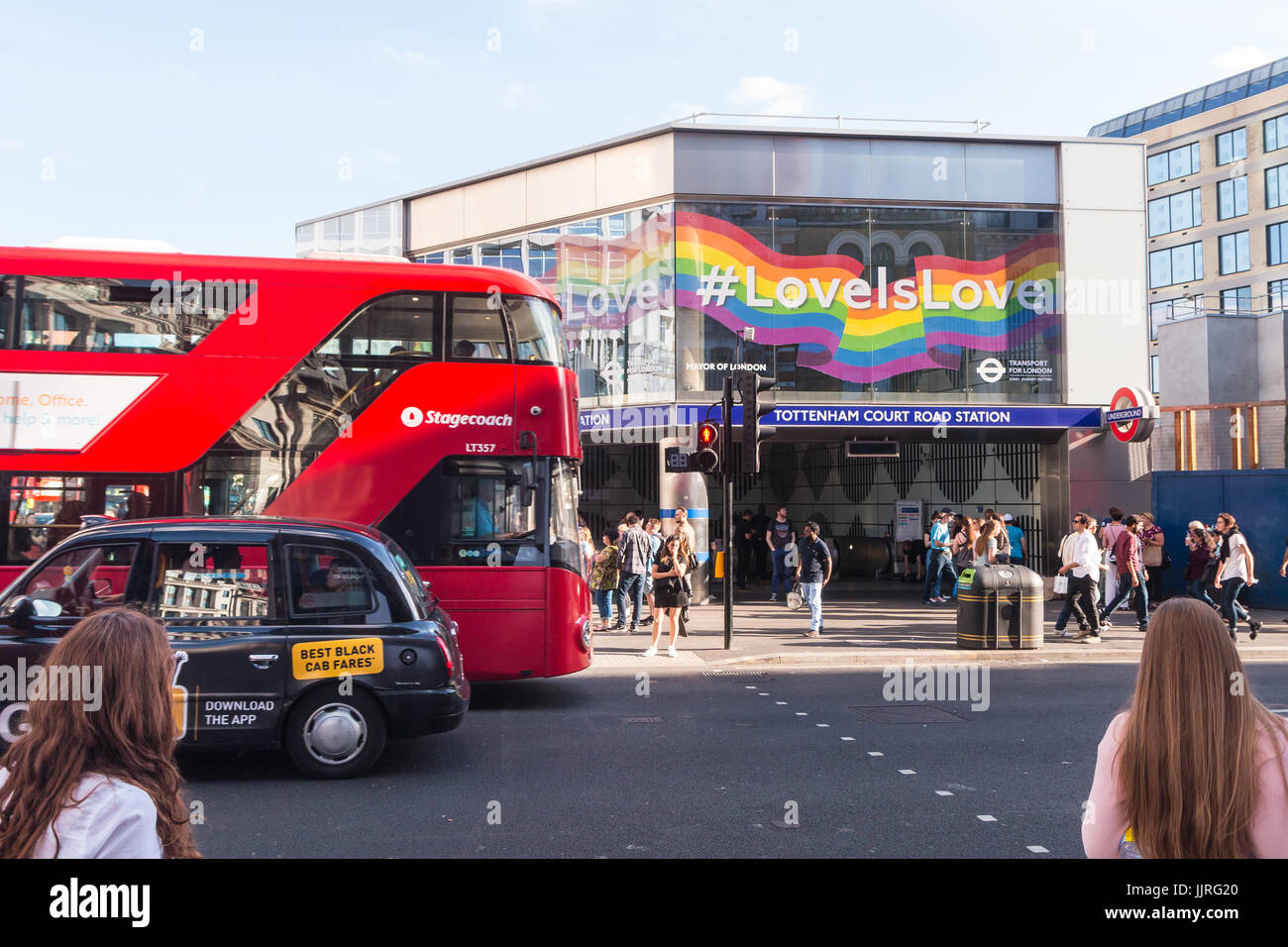 Rainbow branding at Tottenham Court Road Station to mark London's Gay Pride celebrations Stock Photo