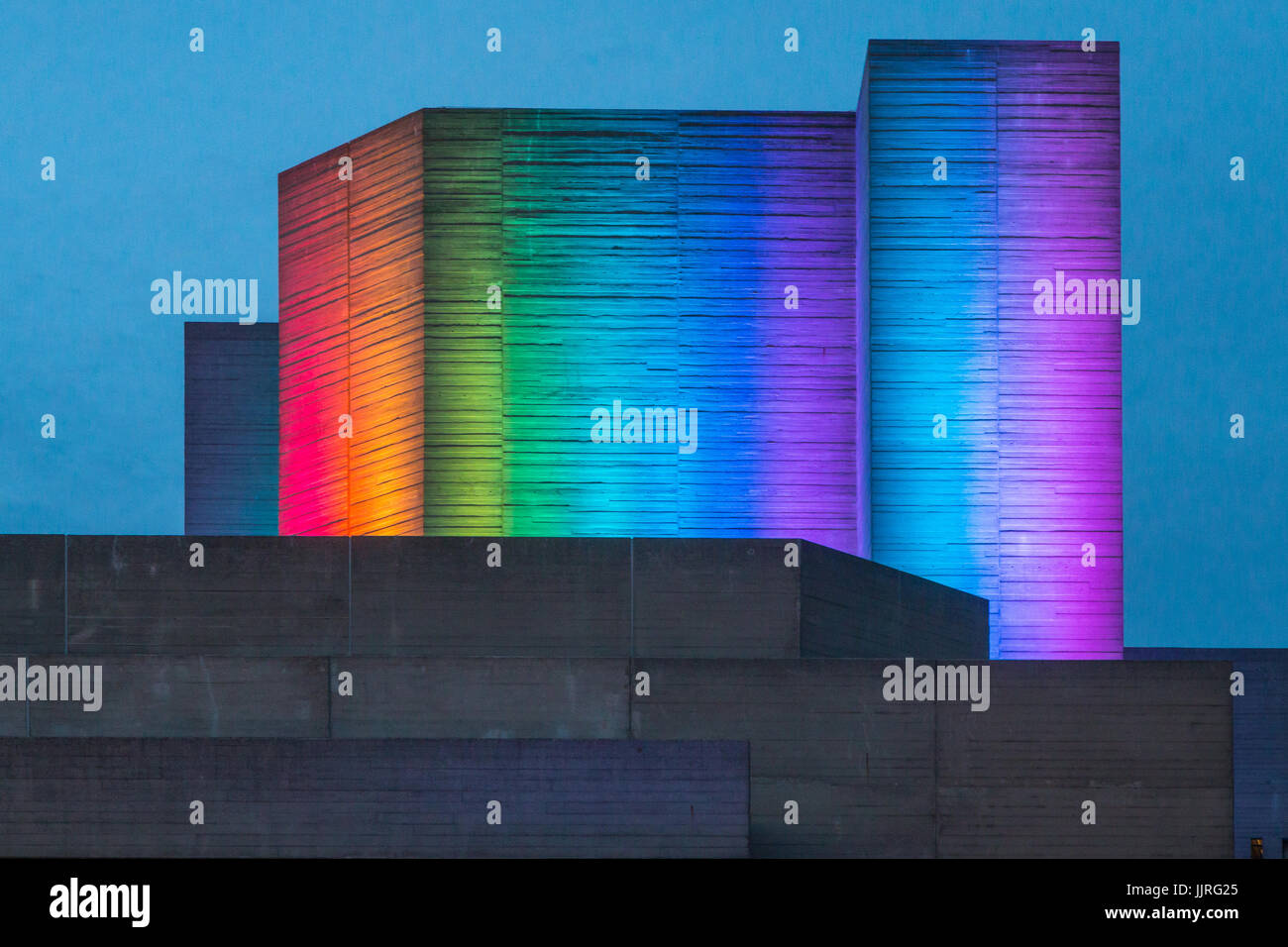 National Theatre lit up in rainbow lights to mark London's Gay Pride celebrations Stock Photo