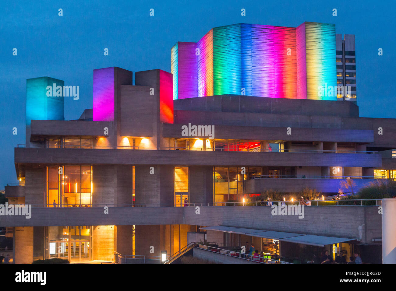 National Theatre lit up in rainbow lights to mark London's Gay Pride celebrations Stock Photo