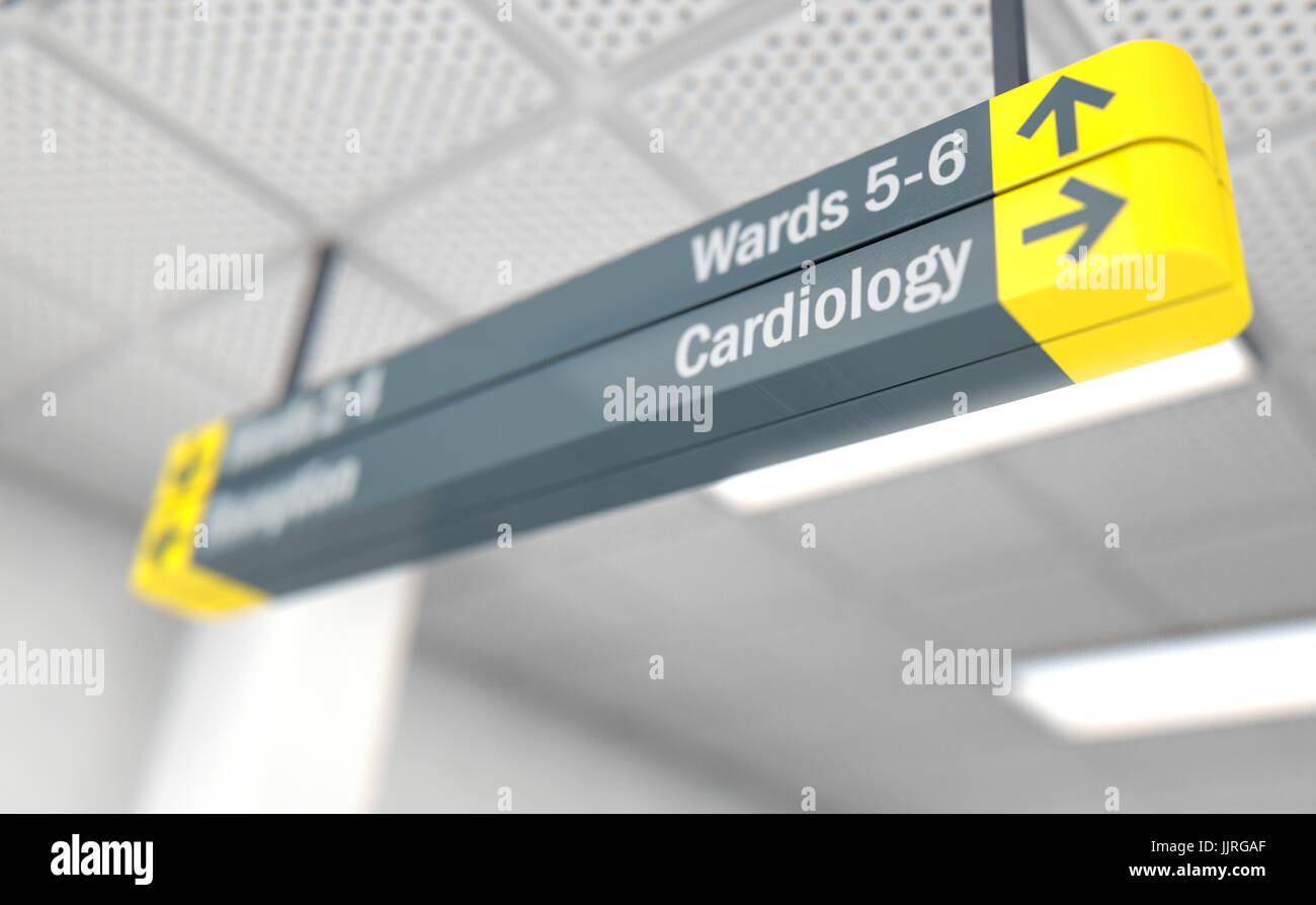 A ceiling mounted hospital directional sign highlighting the way towards the cardiology ward - 3D render Stock Photo
