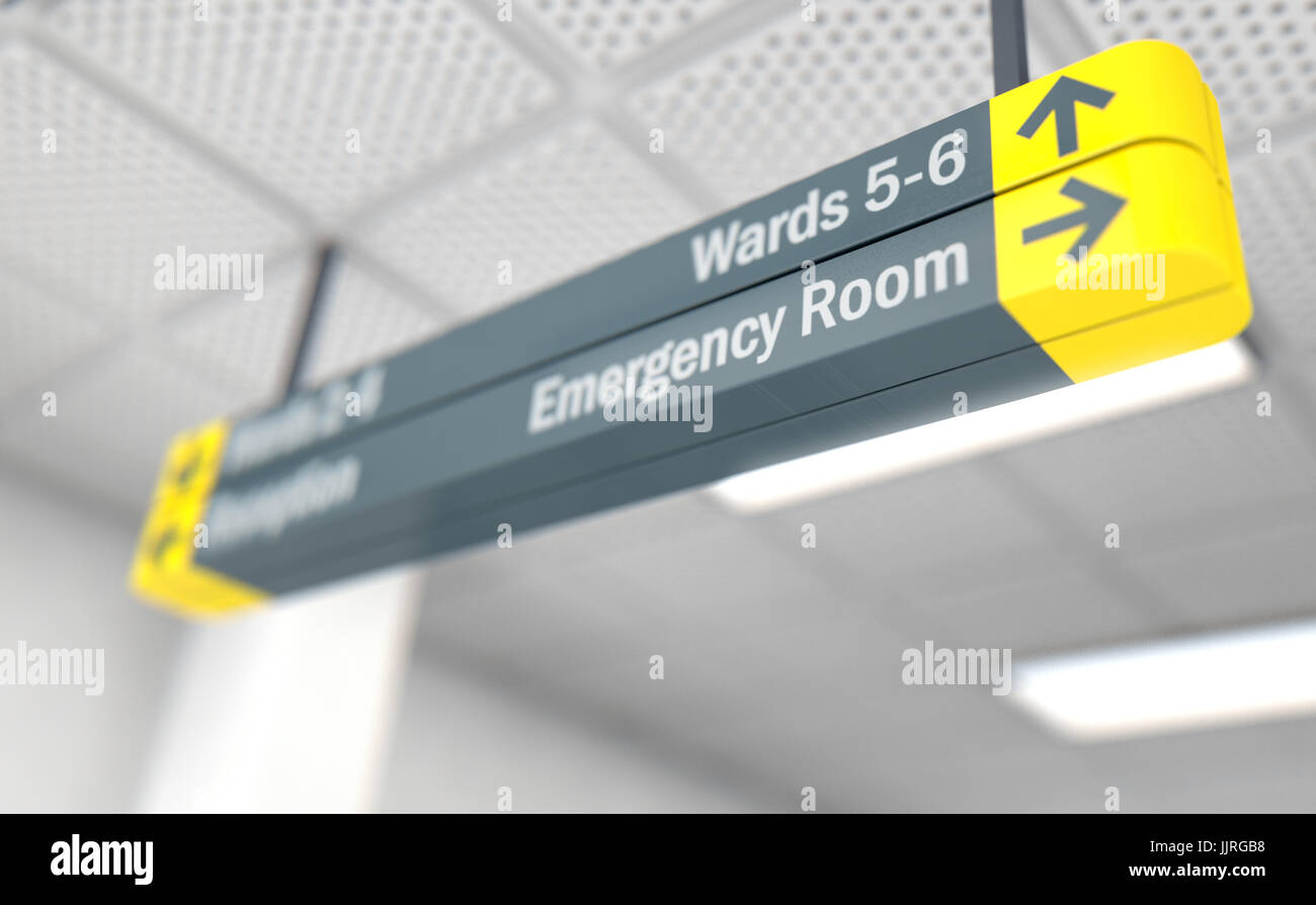 A ceiling mounted hospital directional sign highlighting the way towards the emergency room - 3D render Stock Photo